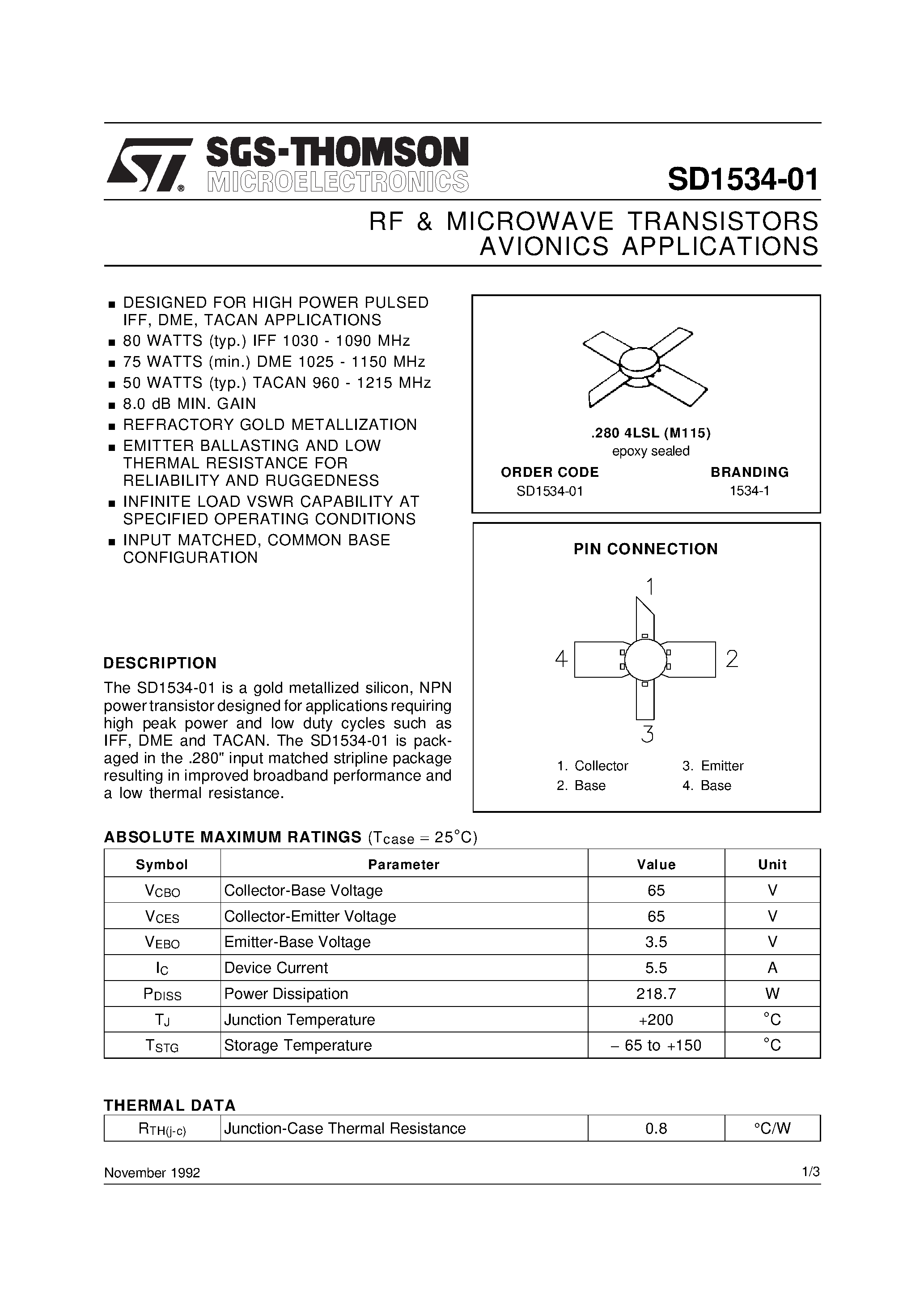 Datasheet SD1534-01 - RF & MICROWAVE TRANSISTORS AVIONICS APPLICATIONS page 1