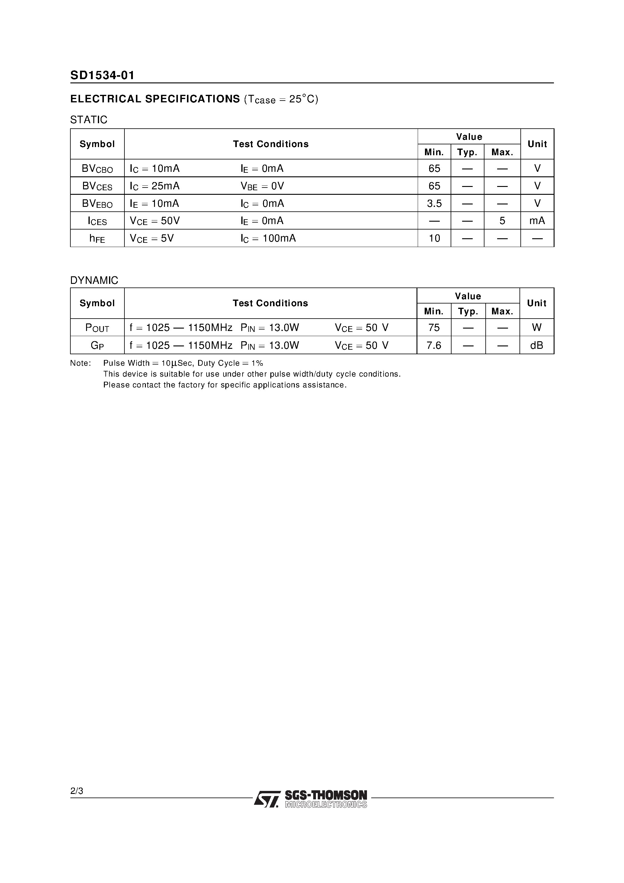 Datasheet SD1534-01 - RF & MICROWAVE TRANSISTORS AVIONICS APPLICATIONS page 2