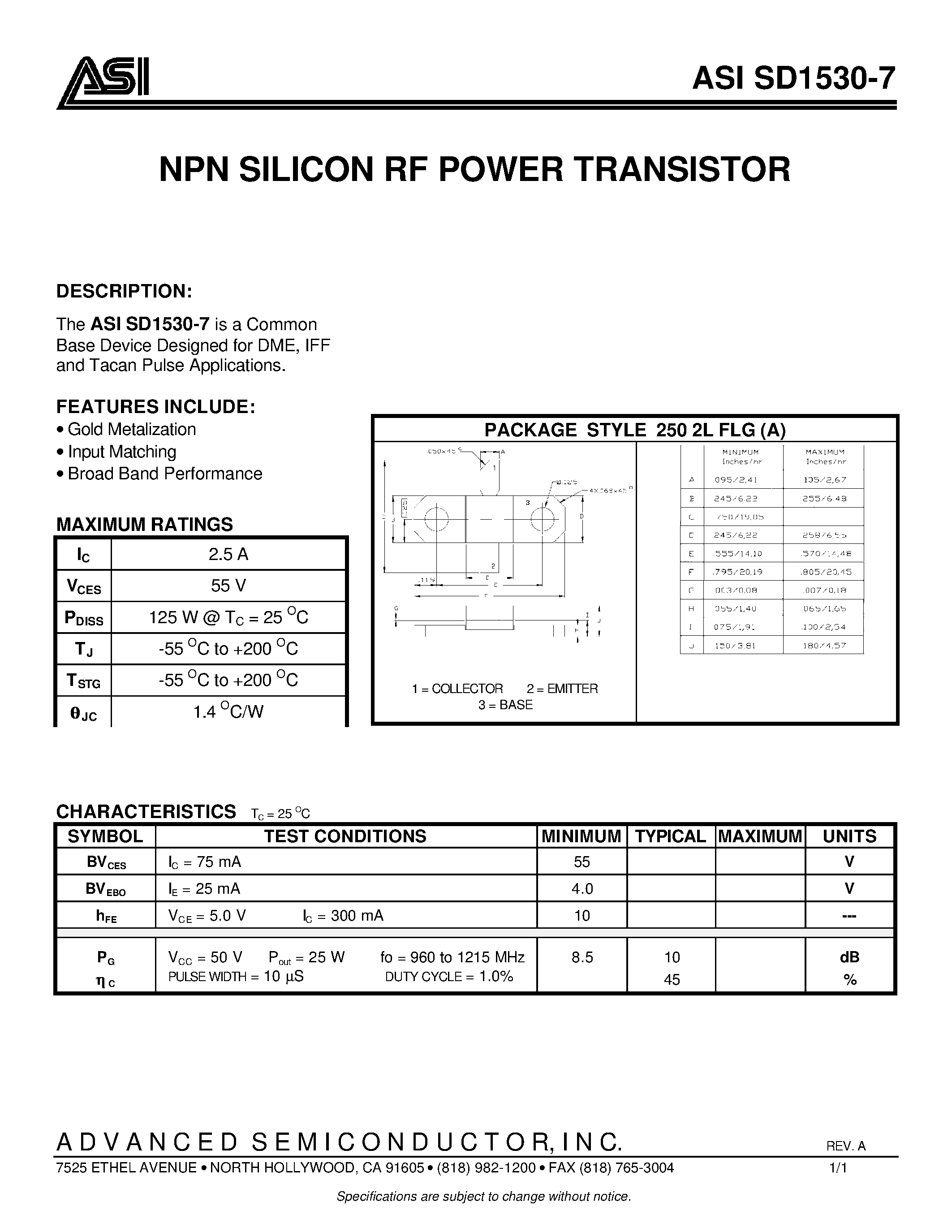 Datasheet SD1530-7 - NPN SILICON RF POWER TRANSISTOR page 1