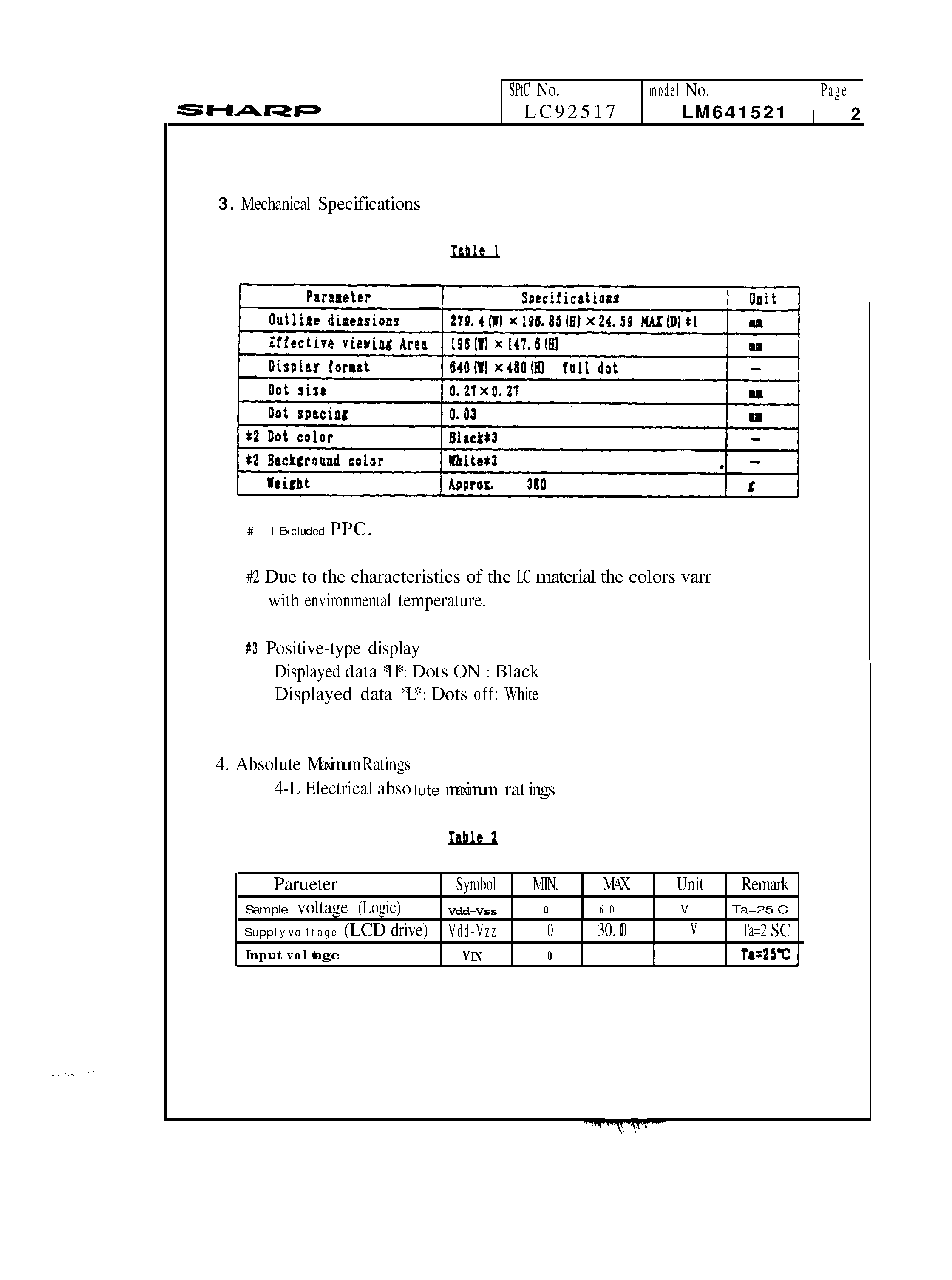 Datasheet LM641521 - Passive Matrix type LCD UNIT page 2