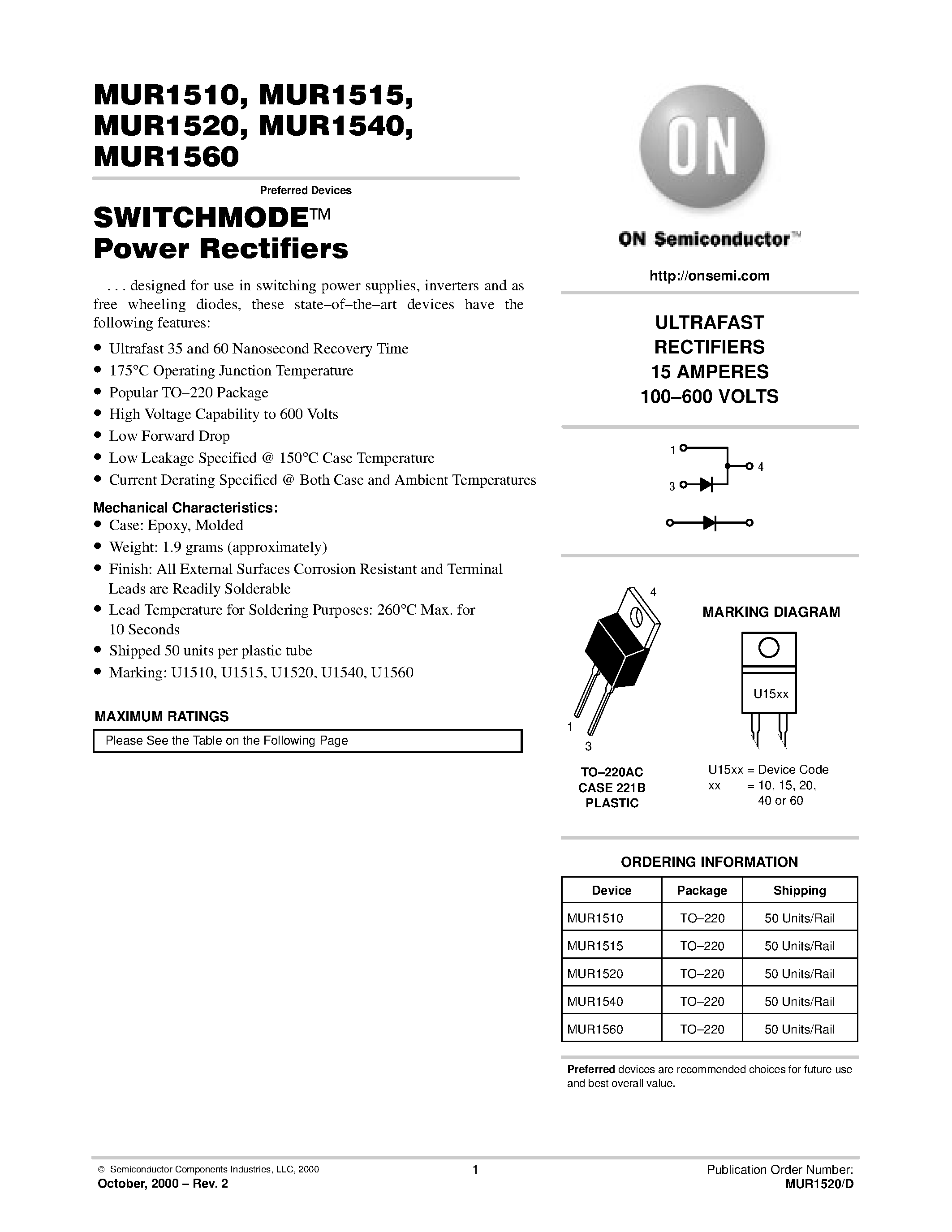 Диод on Semiconductor mur1520 (to-220ac). Mur1560 диод характеристики. Диод u1560 параметры. Даташит mur1560.