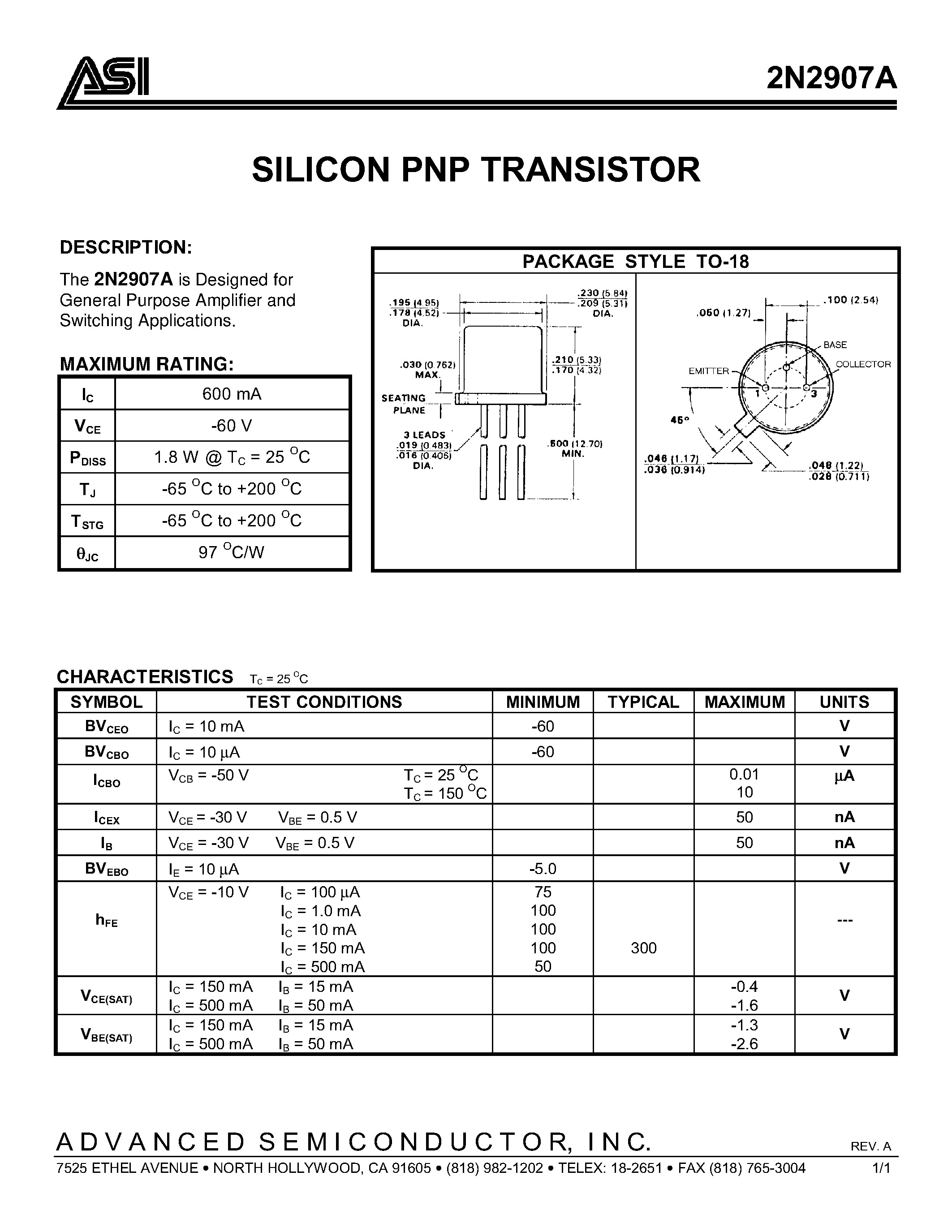 Даташит 2N2907A - SILICON PNP TRANSISTOR страница 1