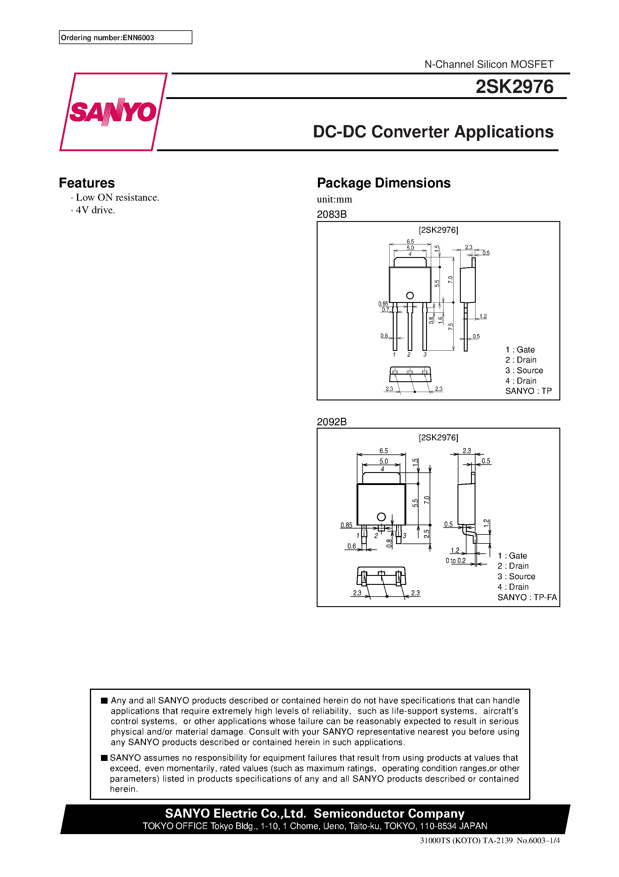 Datasheet 2SK2976 - DC-DC Converter Applications page 1