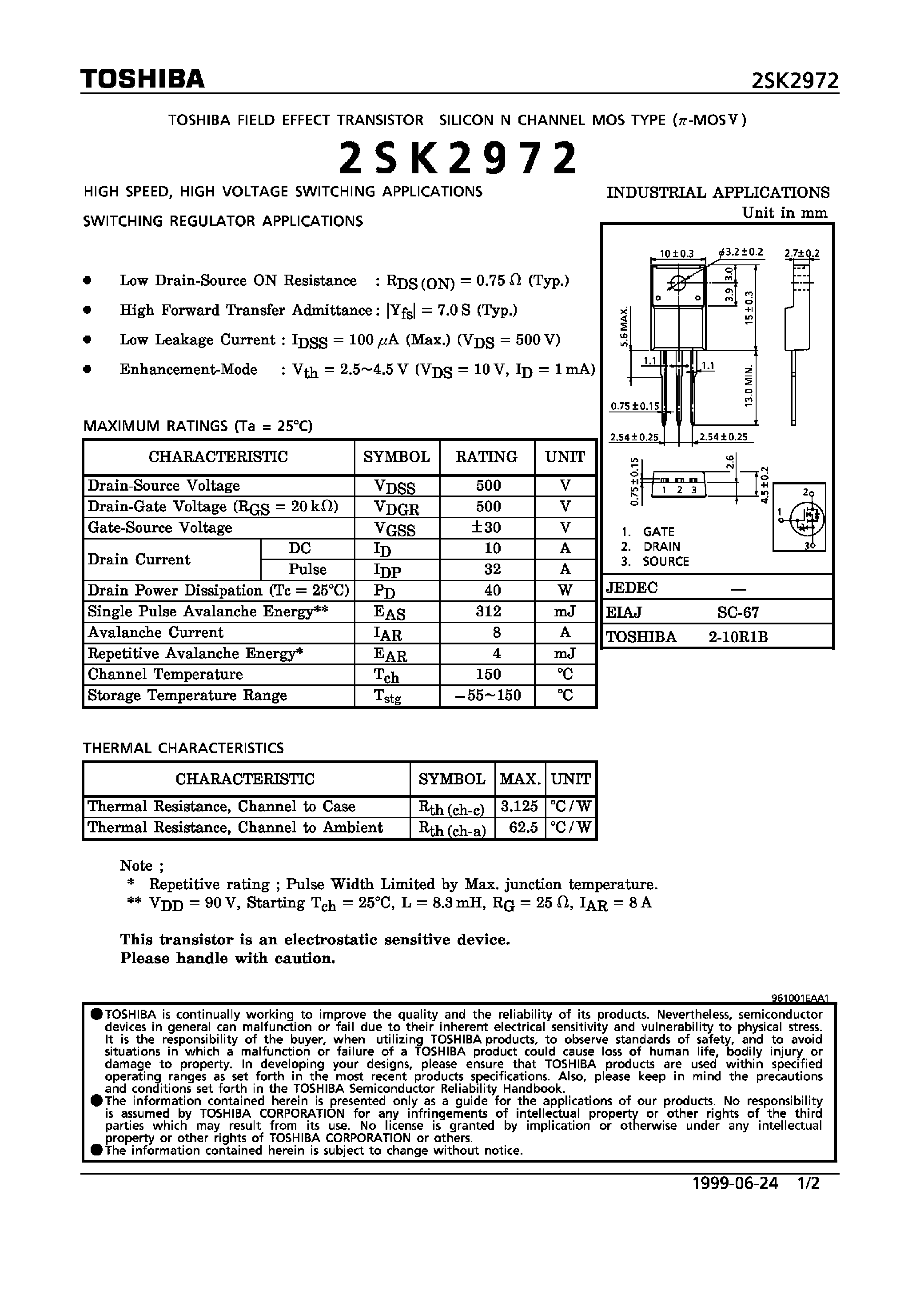 Datasheet 2SK2972 - High Speed / High Voltage Switching Applications / Switching Regulator Applications page 1