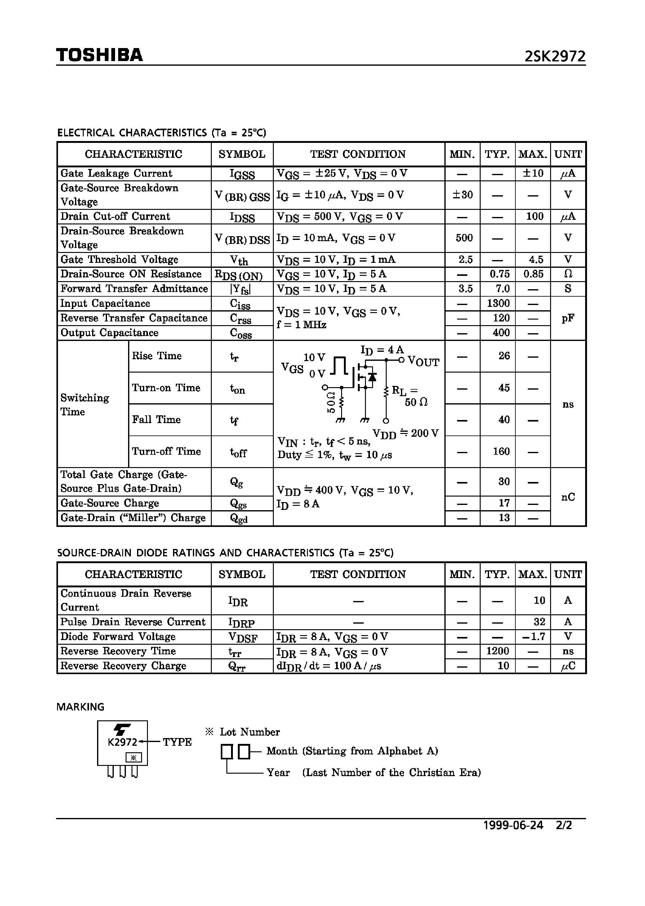 Datasheet 2SK2972 - High Speed / High Voltage Switching Applications / Switching Regulator Applications page 2