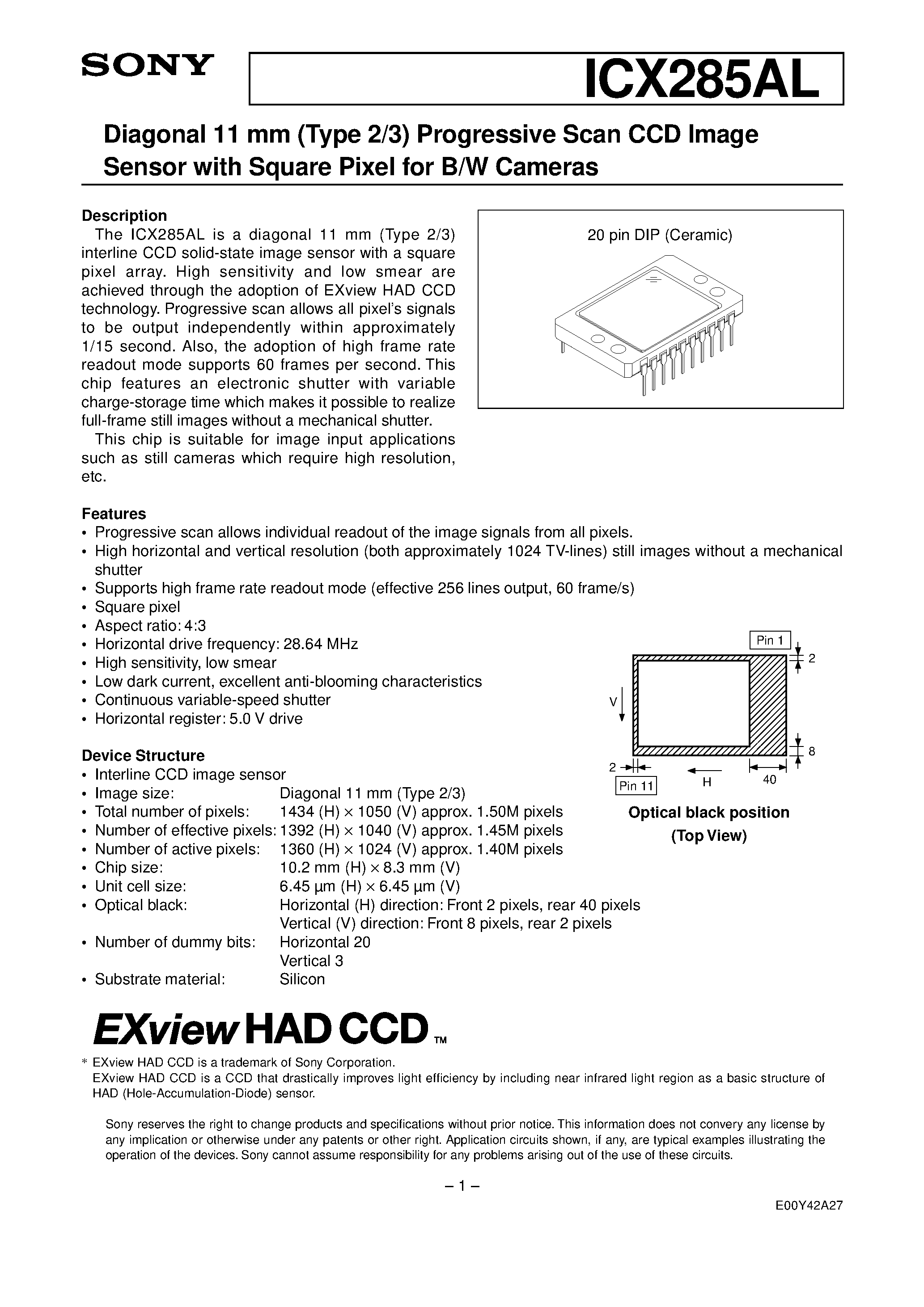 Datasheet ICX285AL - Progressive Scan CCD Image Sensor with Square Pixel for B/W Cameras page 1