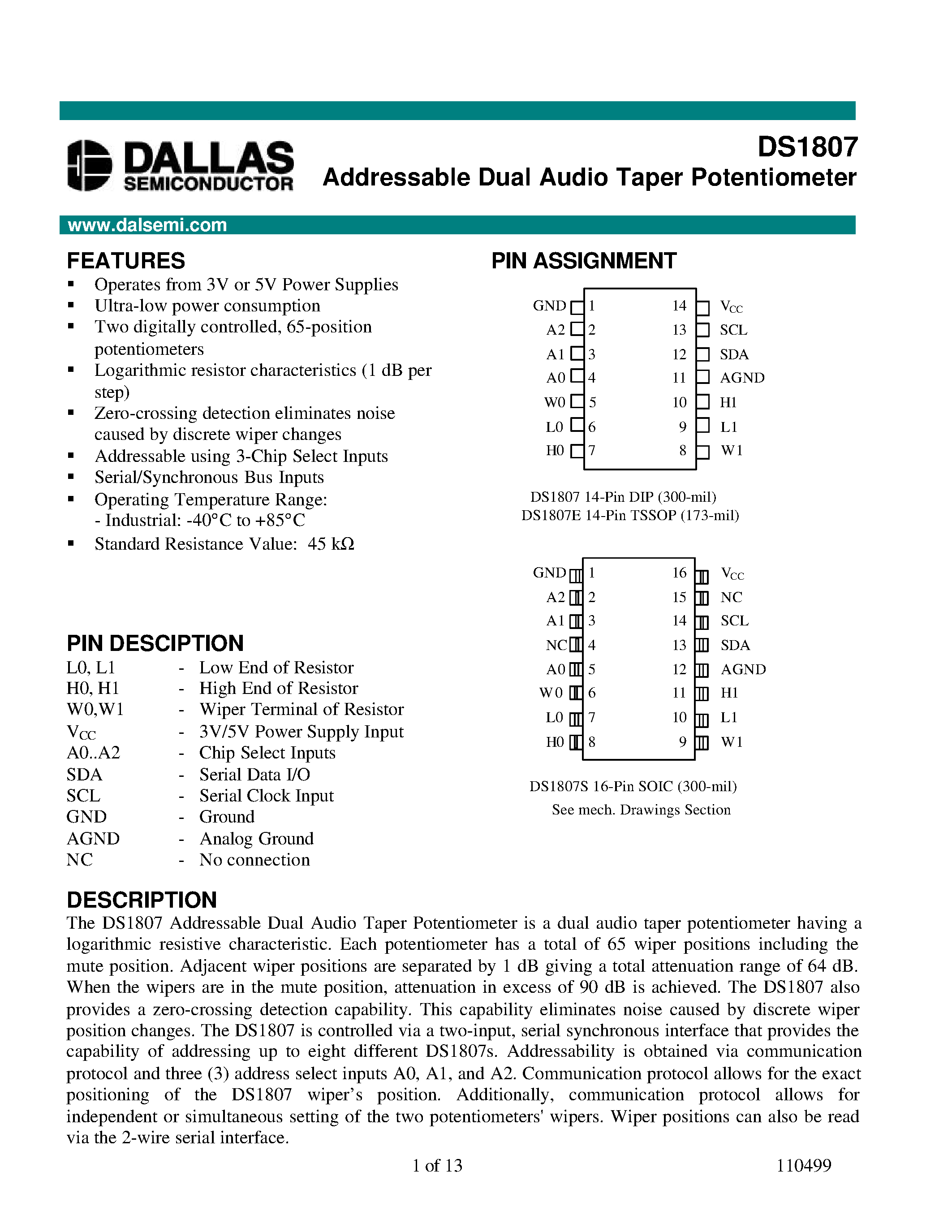 Datasheet DS1807 - Addressable Dual Audio Taper Potentiometer page 1