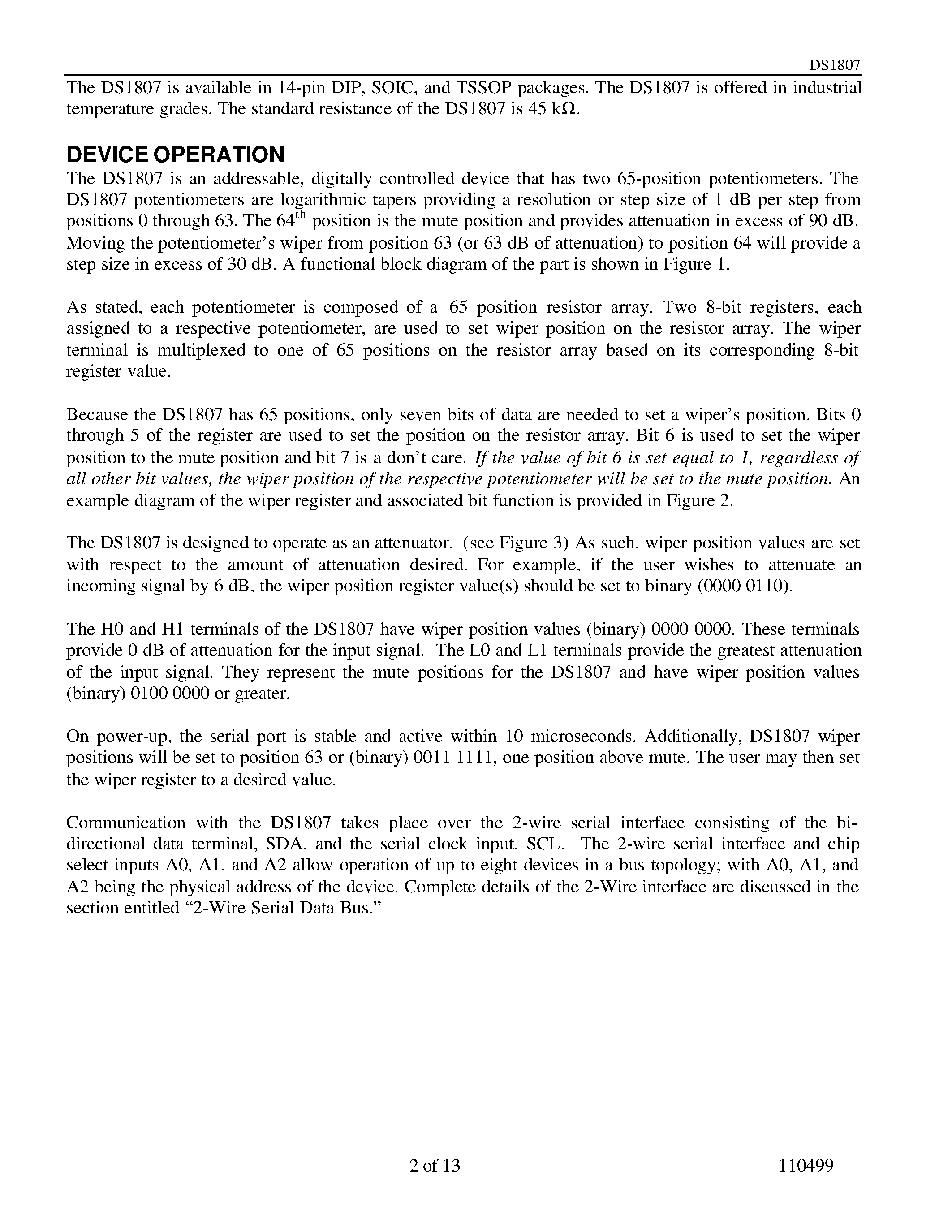 Datasheet DS1807 - Addressable Dual Audio Taper Potentiometer page 2