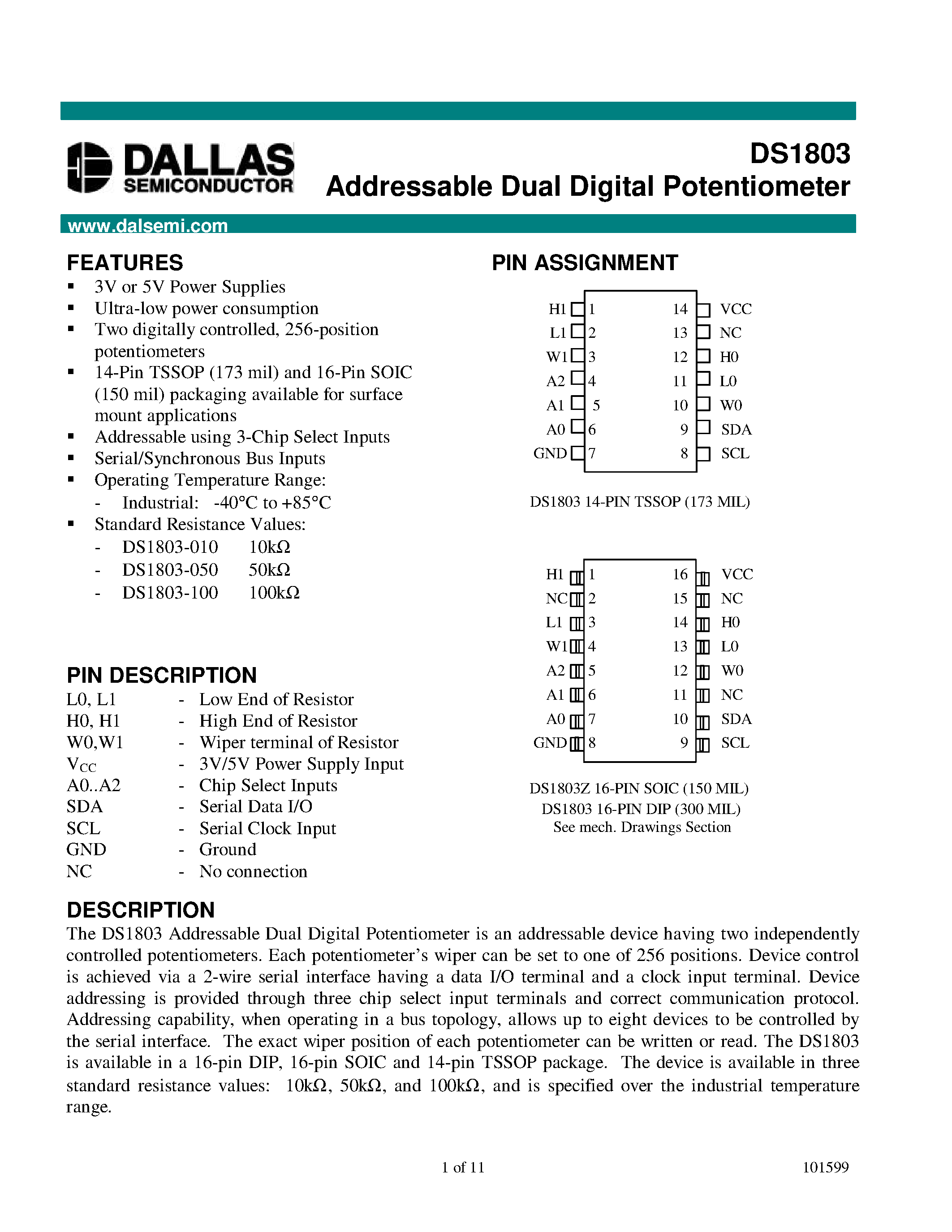 Datasheet DS1803 - Addressable Dual Digital Potentiometer page 1