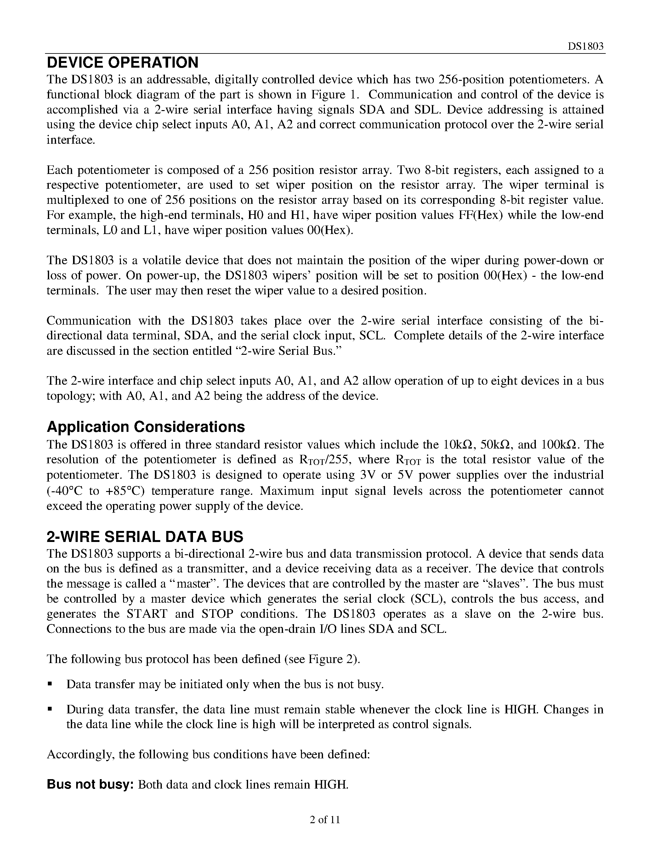 Datasheet DS1803 - Addressable Dual Digital Potentiometer page 2