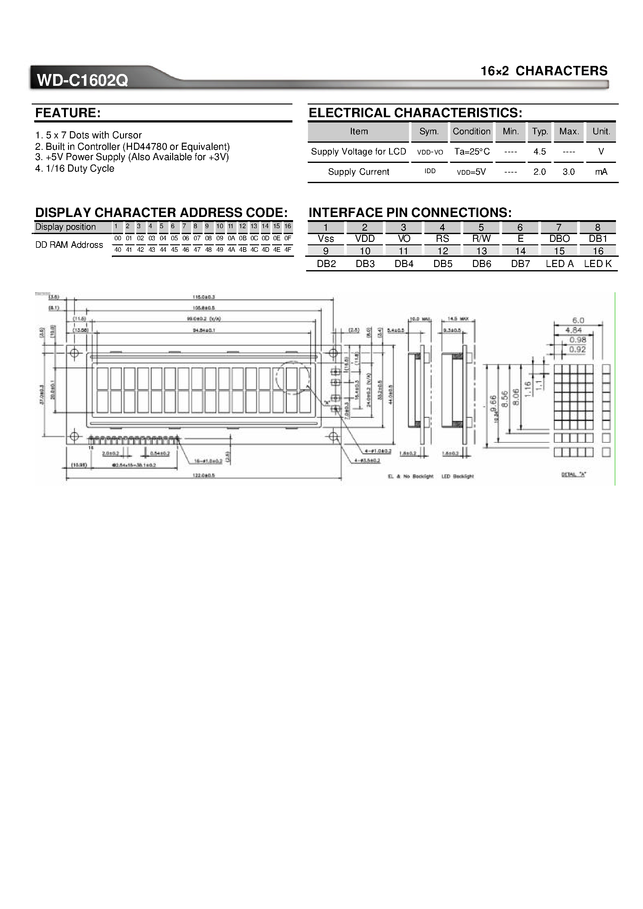 Даташит WM-C1602Q - 16 x 2 Characters страница 1