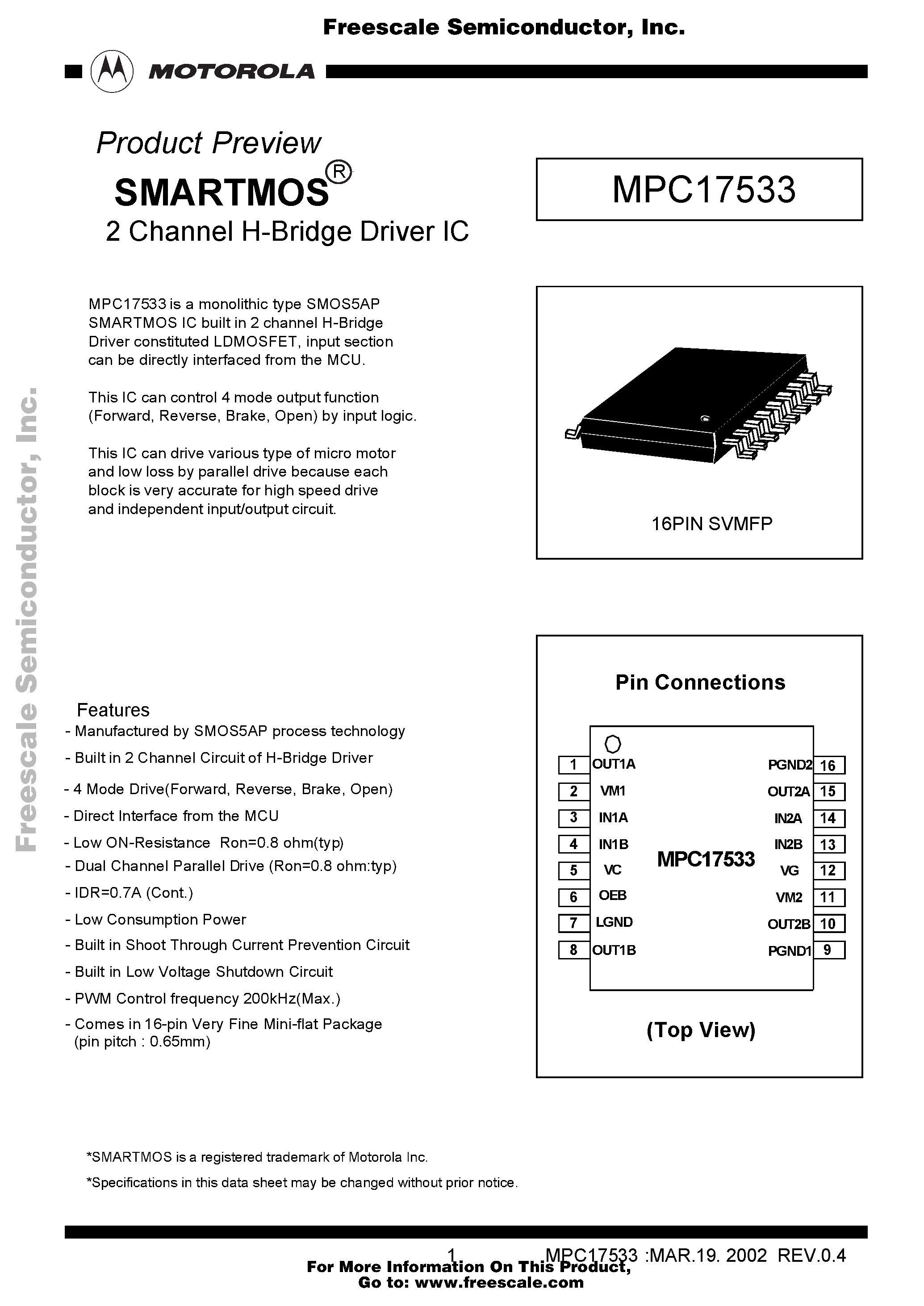 Даташит MPC17533 - SMARTMOS 2 Channel H-Bridge Driver IC страница 1