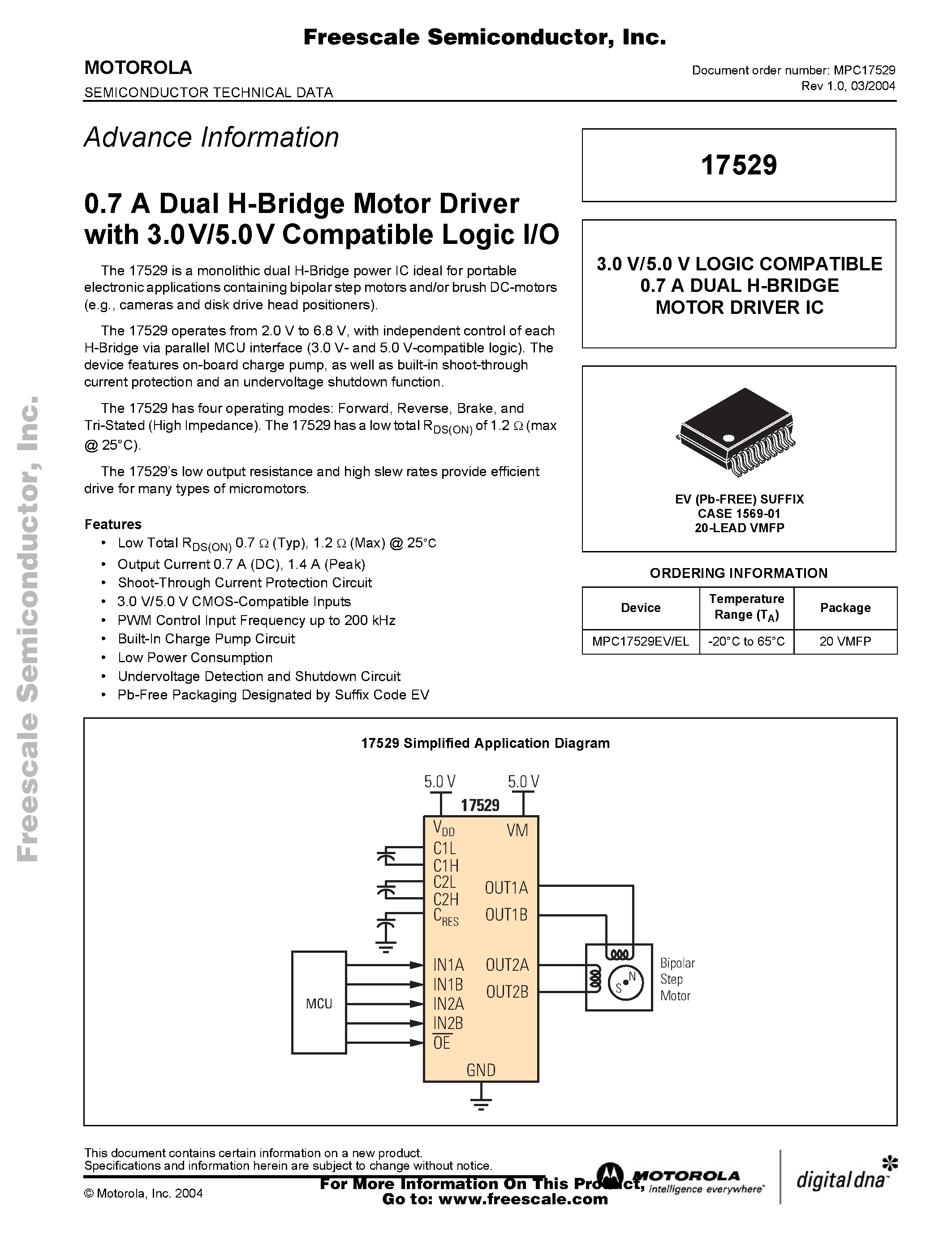 Даташит MPC17529 - 0.7 A Dual H-Bridge Motor Driver with 3.0V/5.0V Compatible Logic I/O страница 1