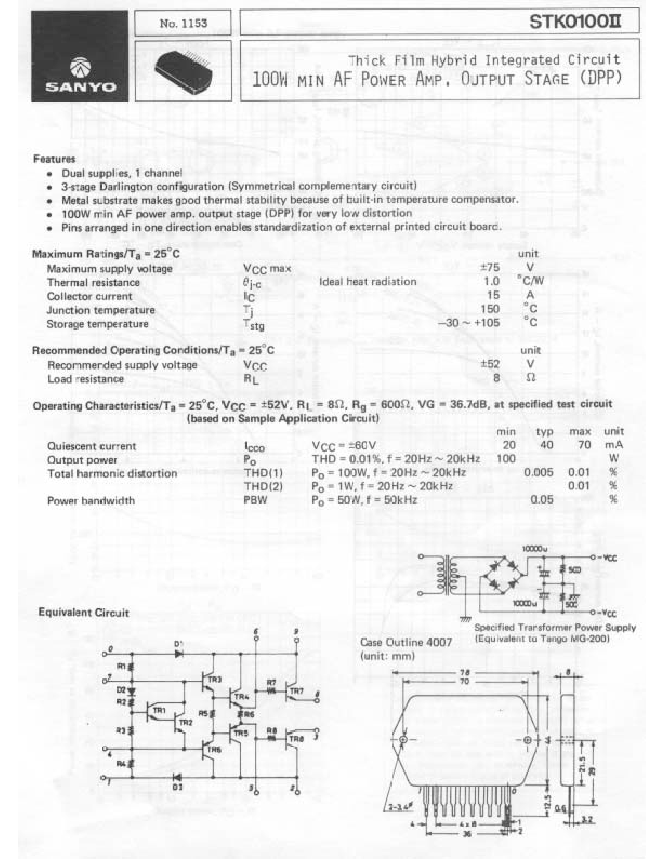 Datasheet STK0100II - Thick Film Hybrid Integrated Circuit 100W MIN AF POWER AMP page 1