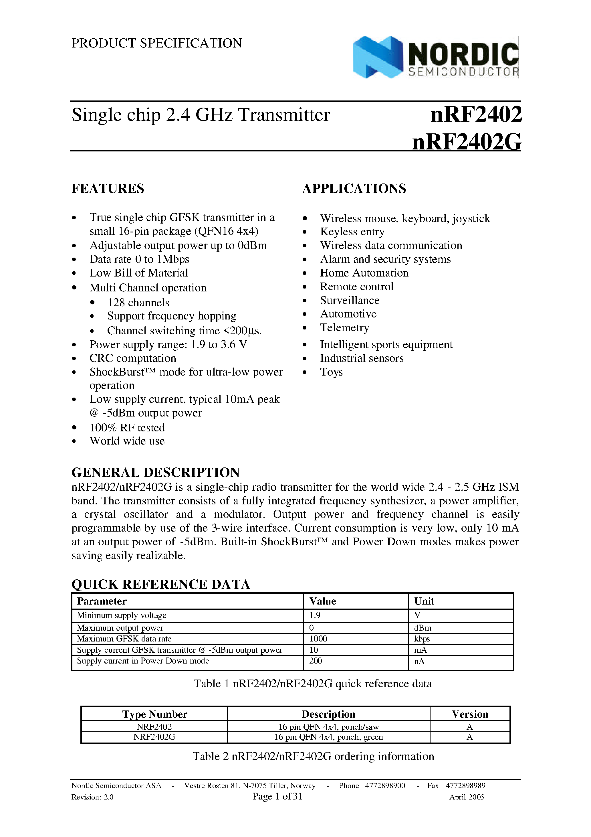 Даташит NRF2402 - Single Chip 2.4 Ghz Transmitter страница 1