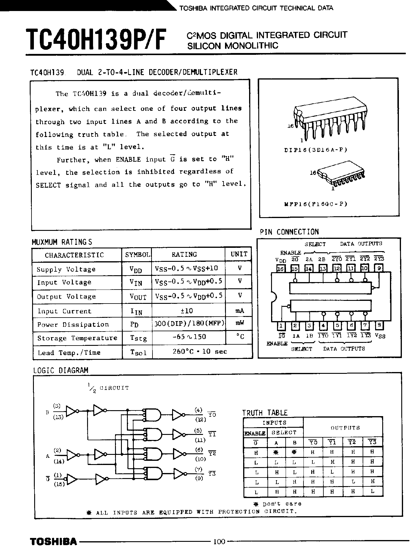 Даташит TC40H139 - Dual 2-to-4 Line Decoder / Demultiplexer страница 1