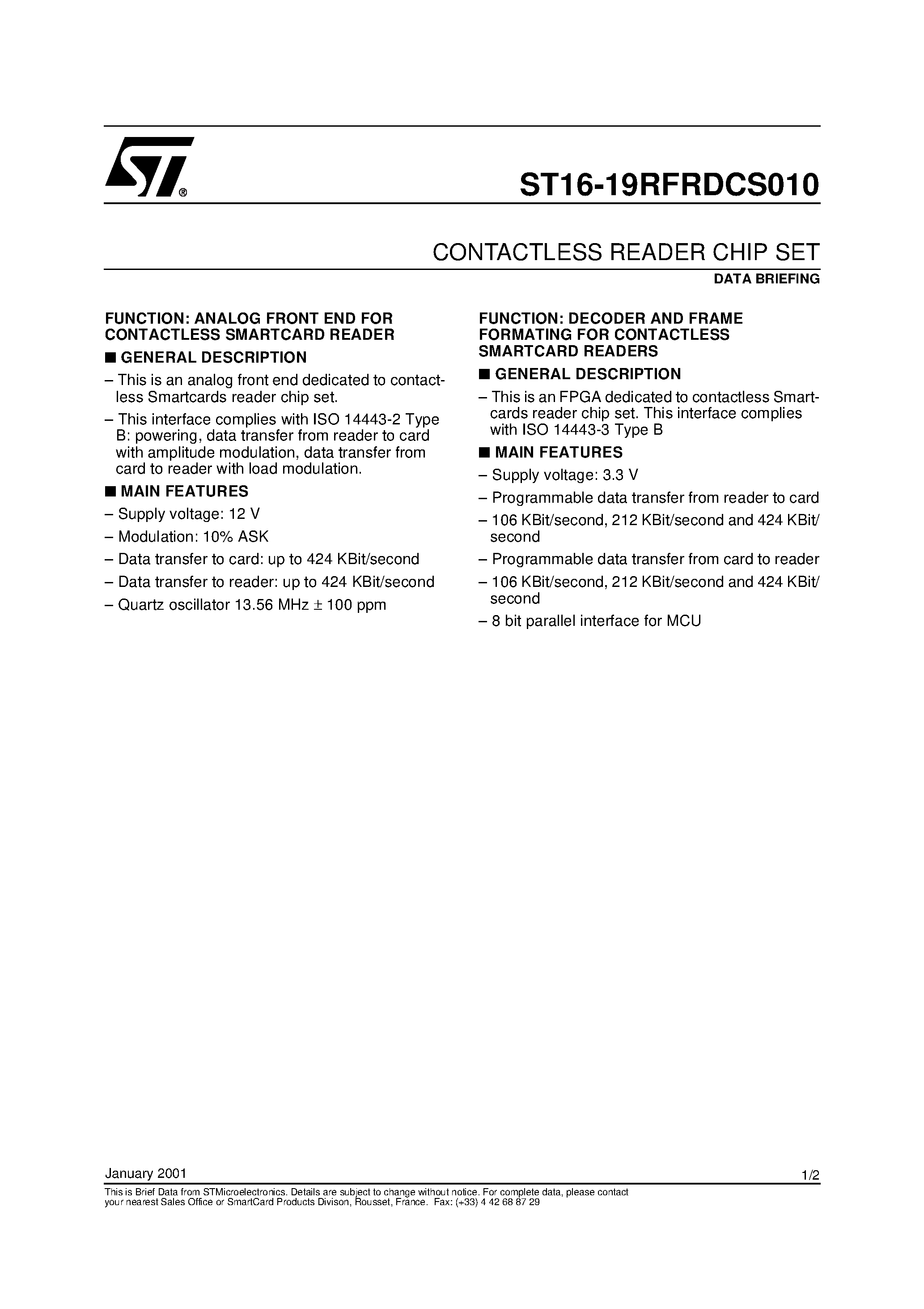 Datasheet ST16-19RFRDCS010 - CONTACTLESS READER CHIP SET page 1