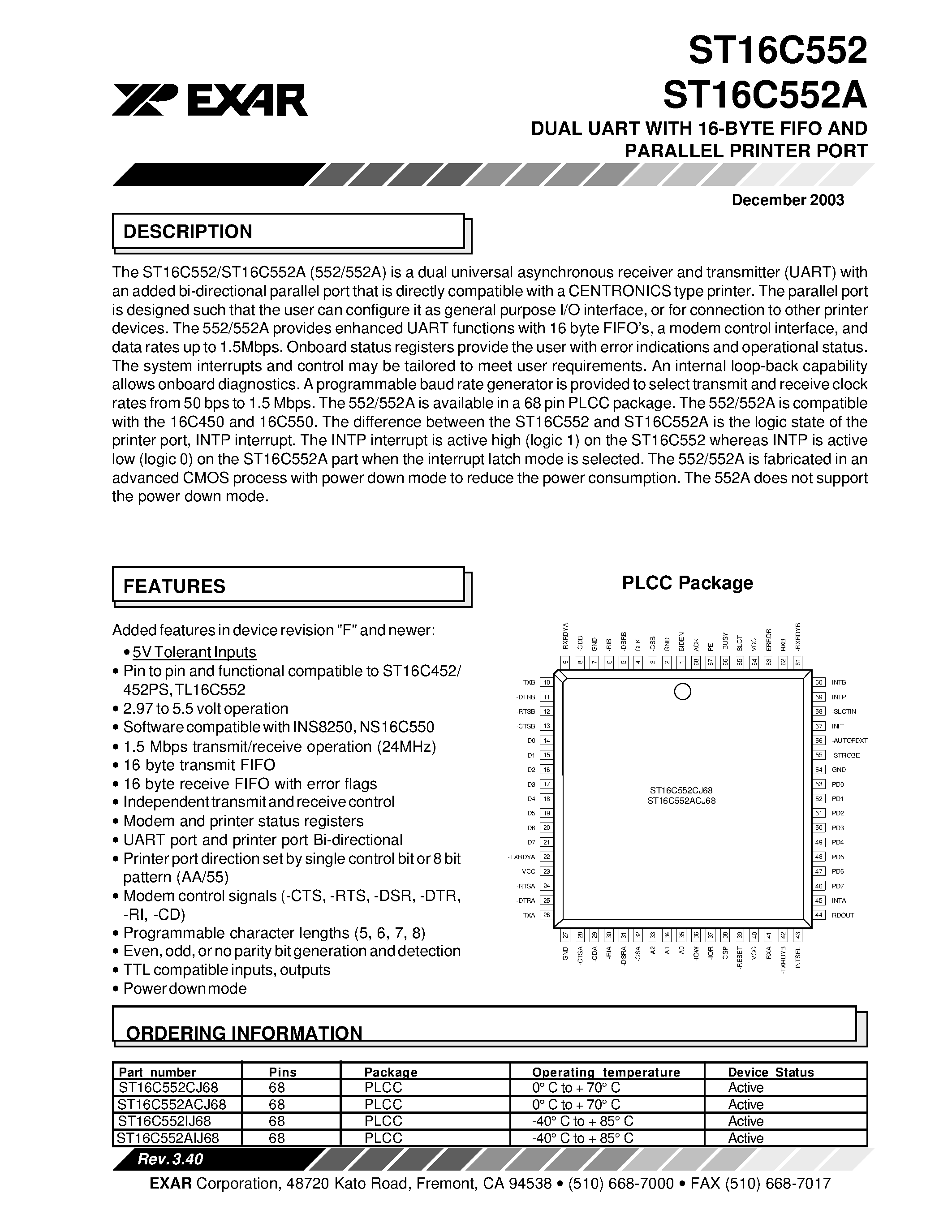 Datasheet ST16C552 - DUAL UART WITH 16-BYTE FIFO AND PARALLEL PRINTER PORT page 1