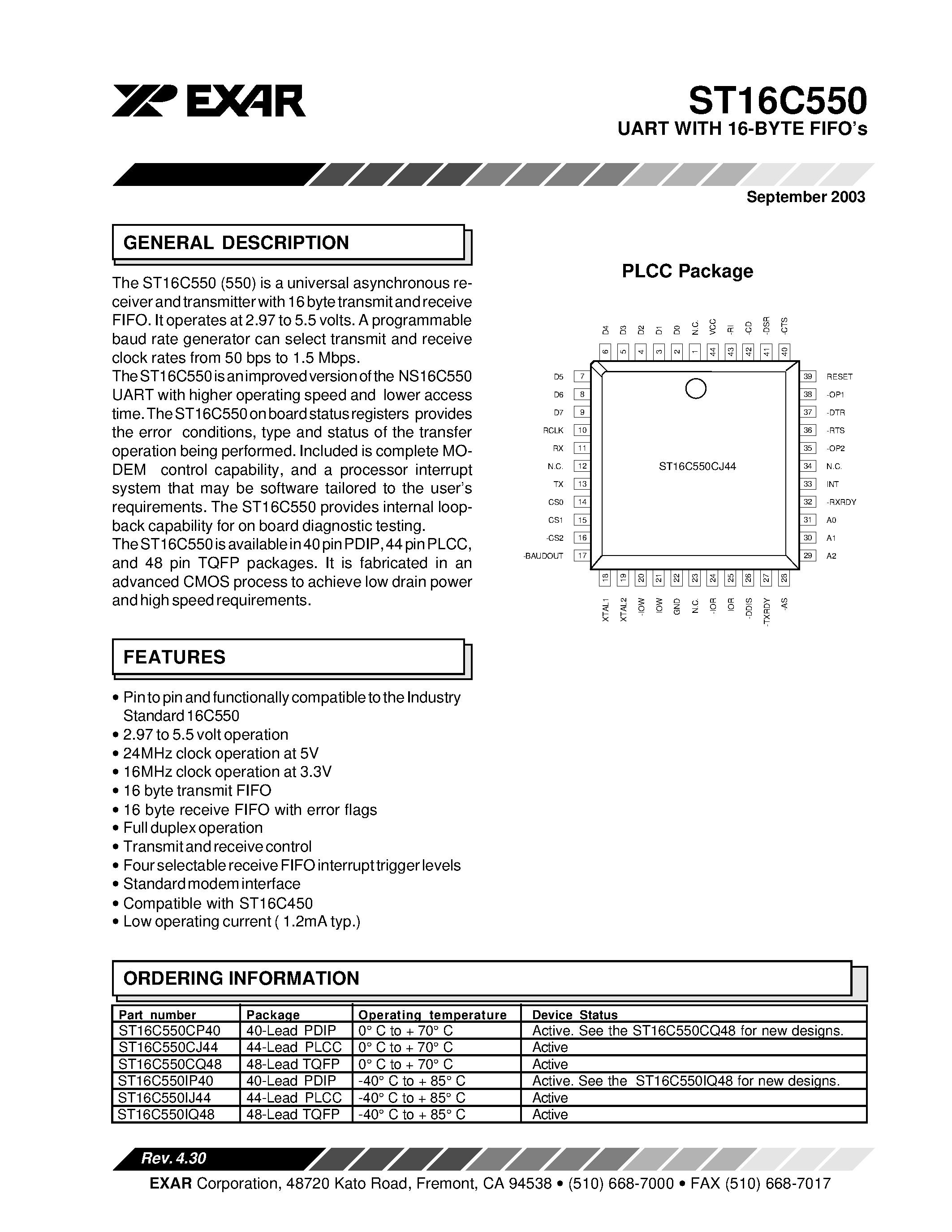 Datasheet ST16C550 - UART WITH 16-BYTE FIFO page 1