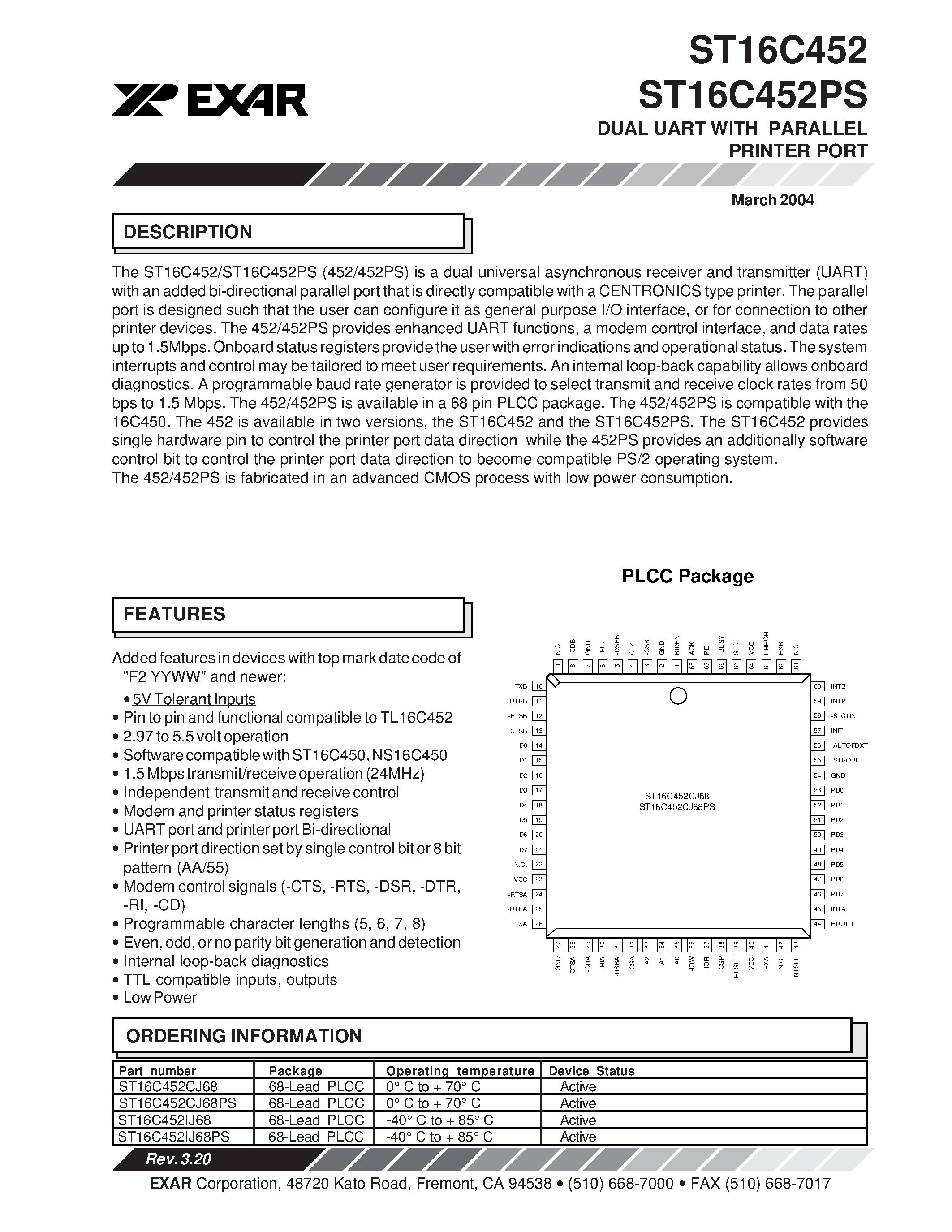 Даташит ST16C452 - DUAL UART WITH PARALLEL PRINTER PORT страница 1