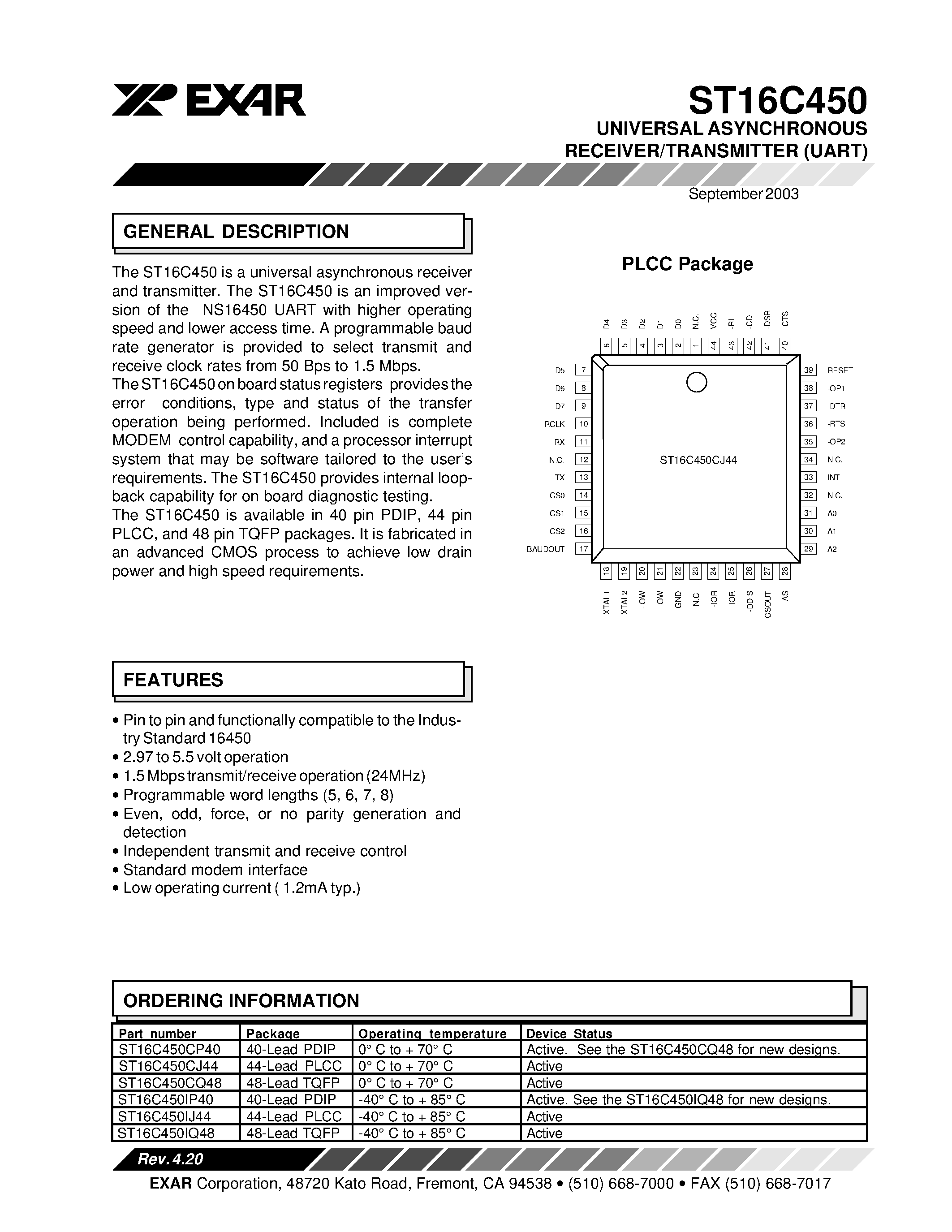 Даташит ST16C450 - UNIVERSAL ASYNCHRONOUS RECEIVER/TRANSMITTER (UART) страница 1