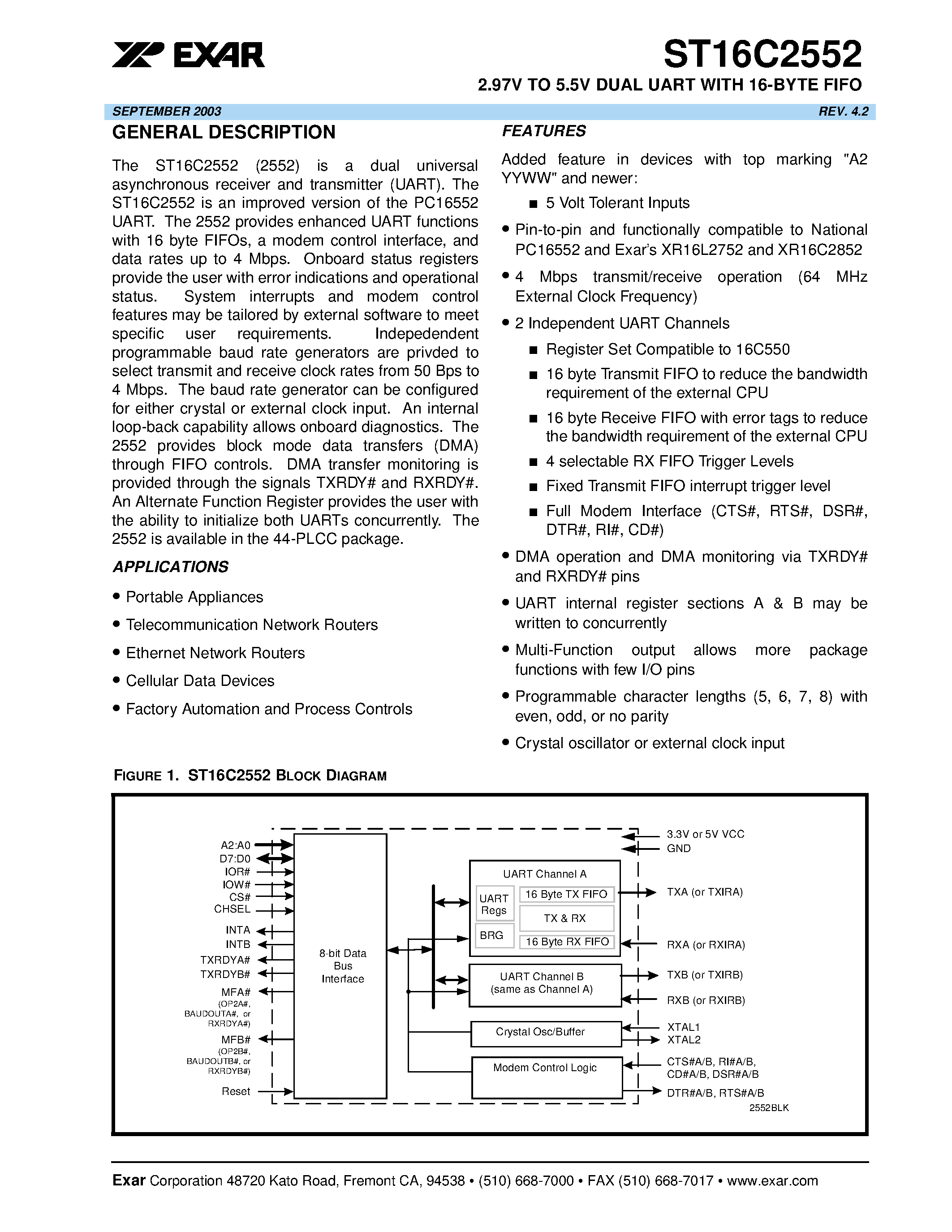 Даташит ST16C2552 - 2.97V TO 5.5V DUAL UART WITH 16-BYTE FIFO страница 1