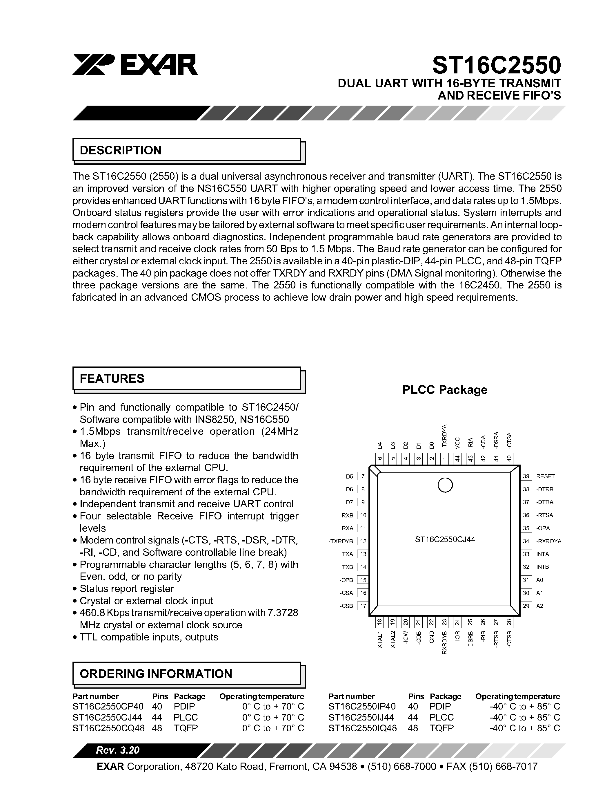 Datasheet ST16C2550 - DUAL UART WITH 16-BYTE TRANSMIT AND RECEIVE FIFO page 1