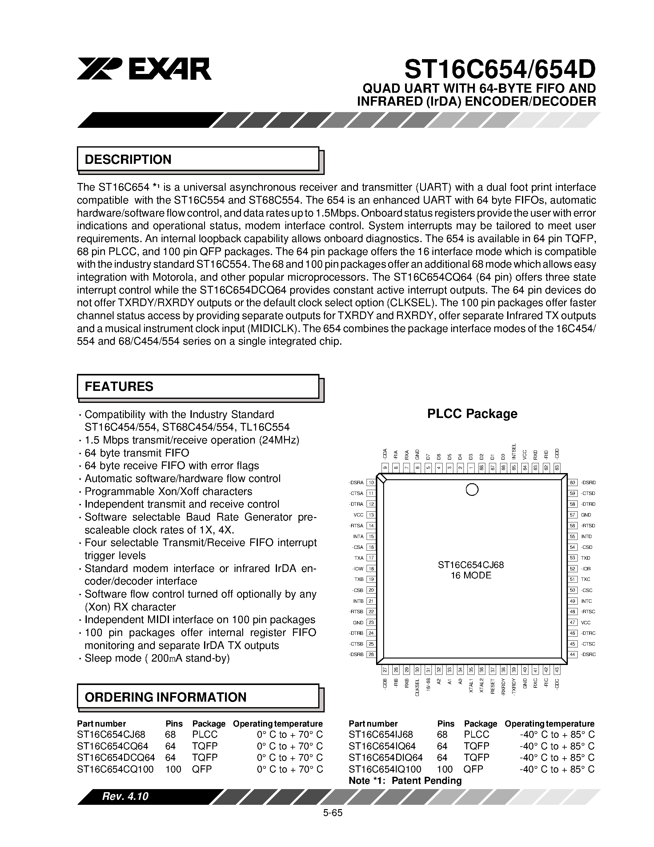 Datasheet ST16654 - QUAD UART WITH 64-BYTE FIFO AND INFRARED (IrDA) ENCODER/DECODER page 1