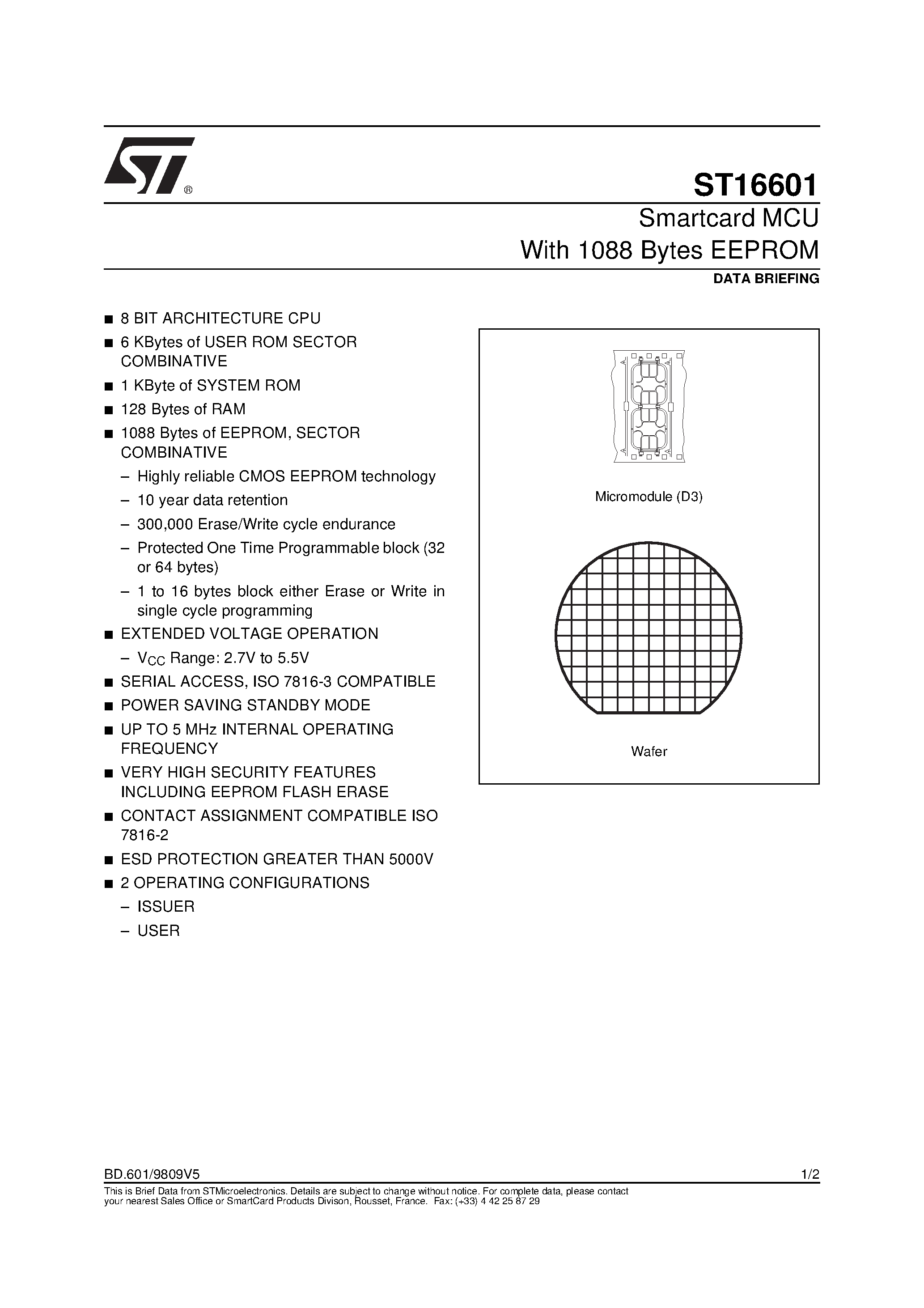 Datasheet ST16601 - Smartcard MCU With 1088 Bytes EEPROM page 1