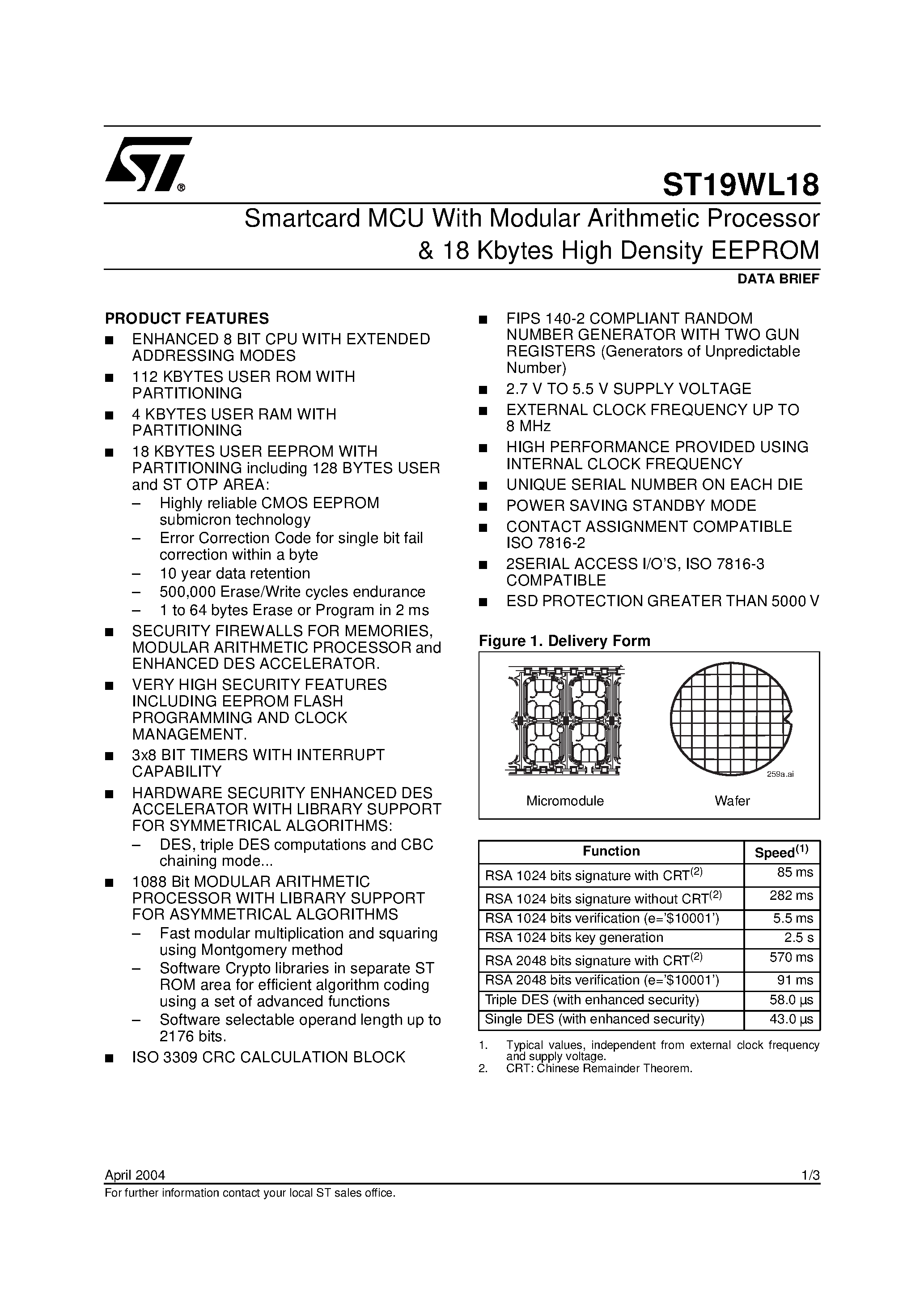 Datasheet ST16WL18 - Smartcard MCU With Modular Arithmetic Processor 18 Kbytes High Density EEPROM page 1