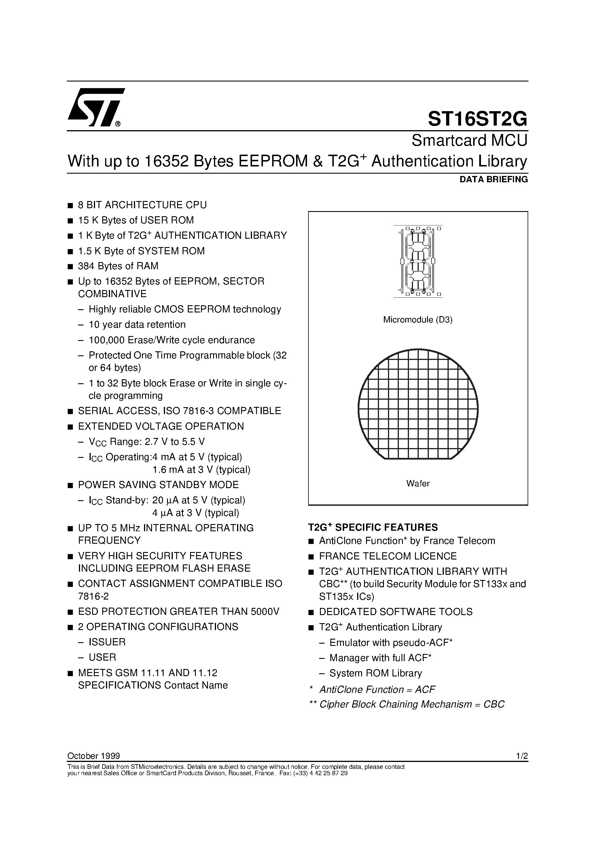 Datasheet ST16ST2G - Smartcard MCU With up to 16352 Bytes EEPROM & T2G Authentication Library page 1