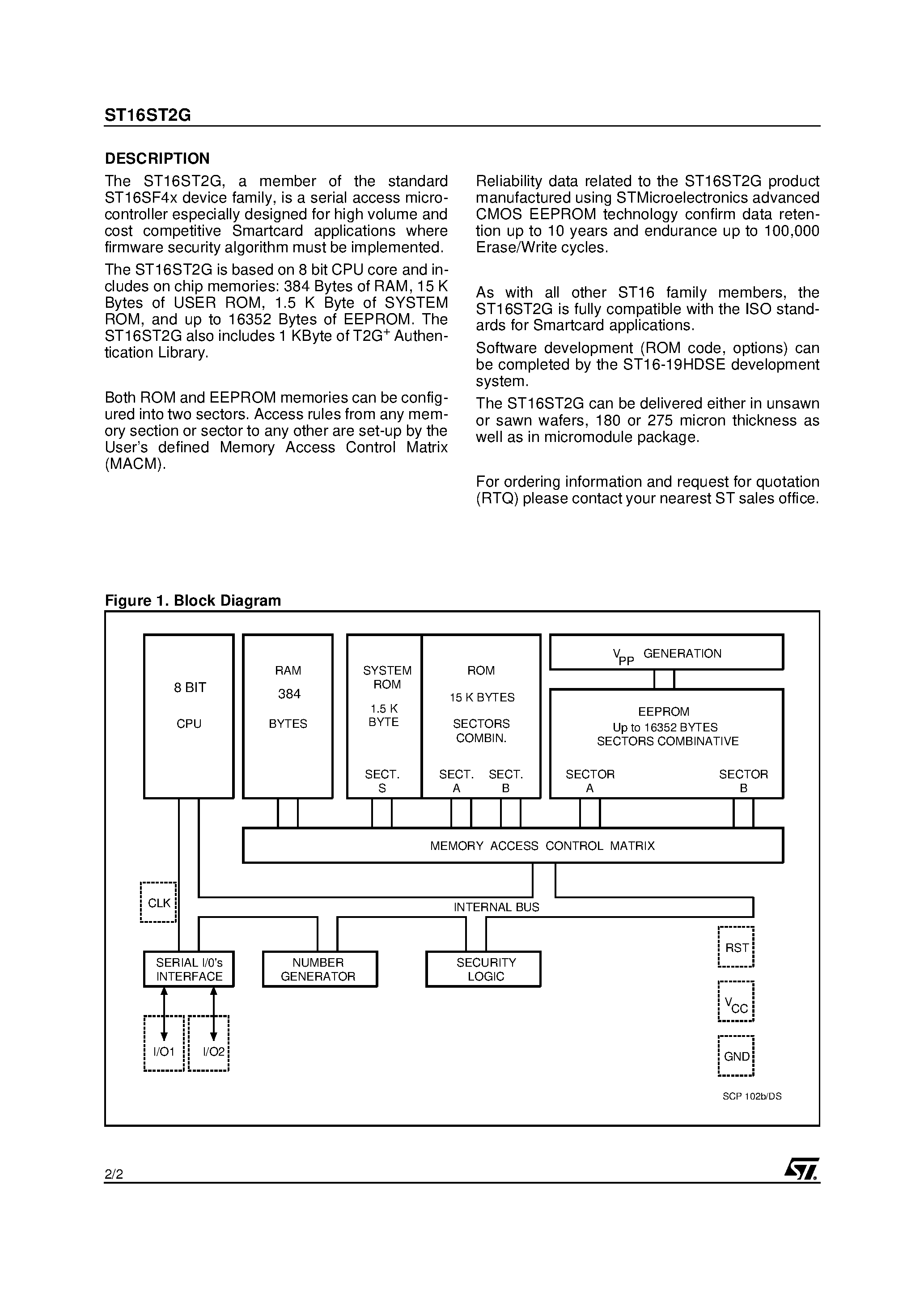 Datasheet ST16ST2G - Smartcard MCU With up to 16352 Bytes EEPROM & T2G Authentication Library page 2