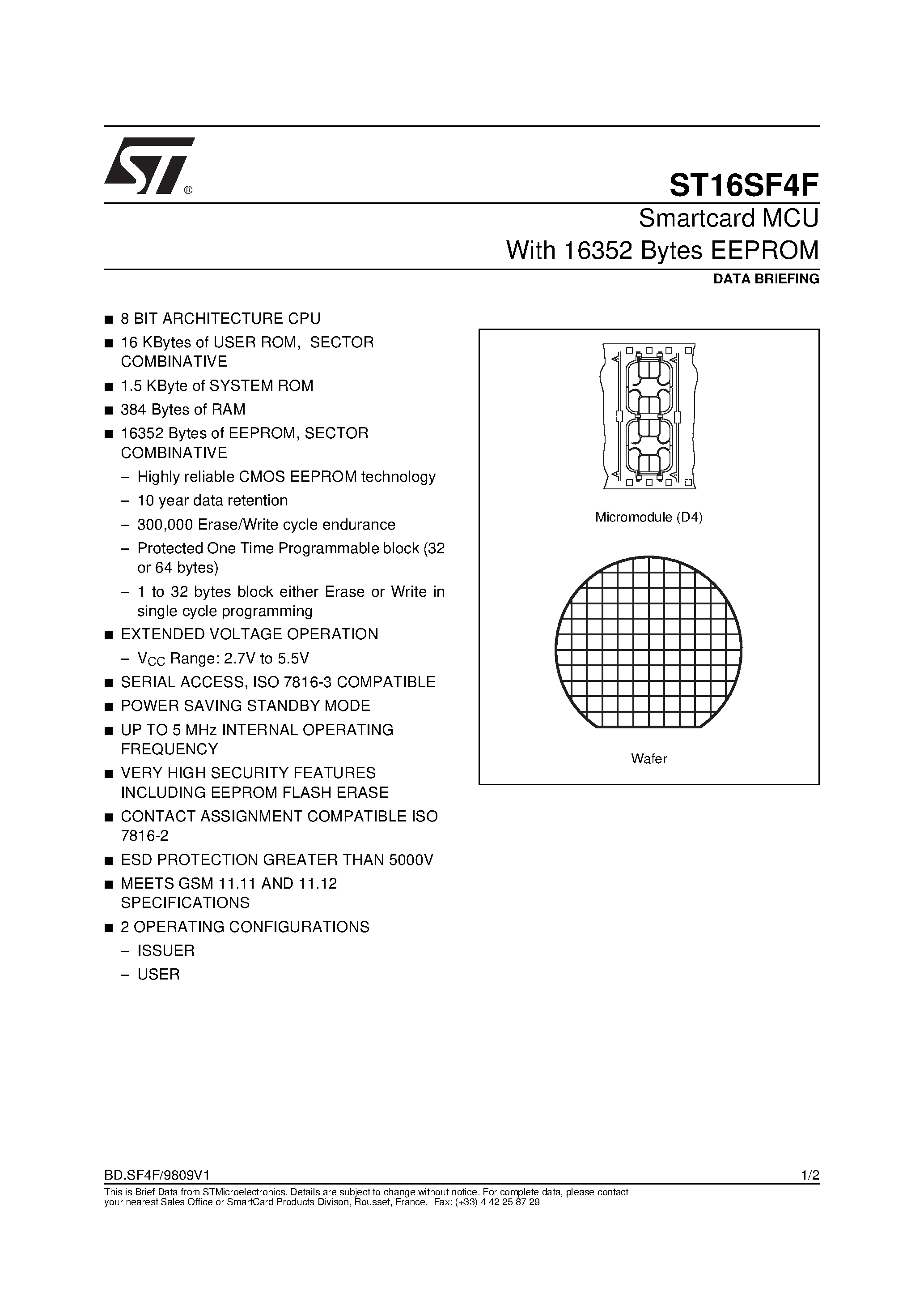 Datasheet ST16SF4F - Smartcard MCU With 16352 Bytes EEPROM page 1