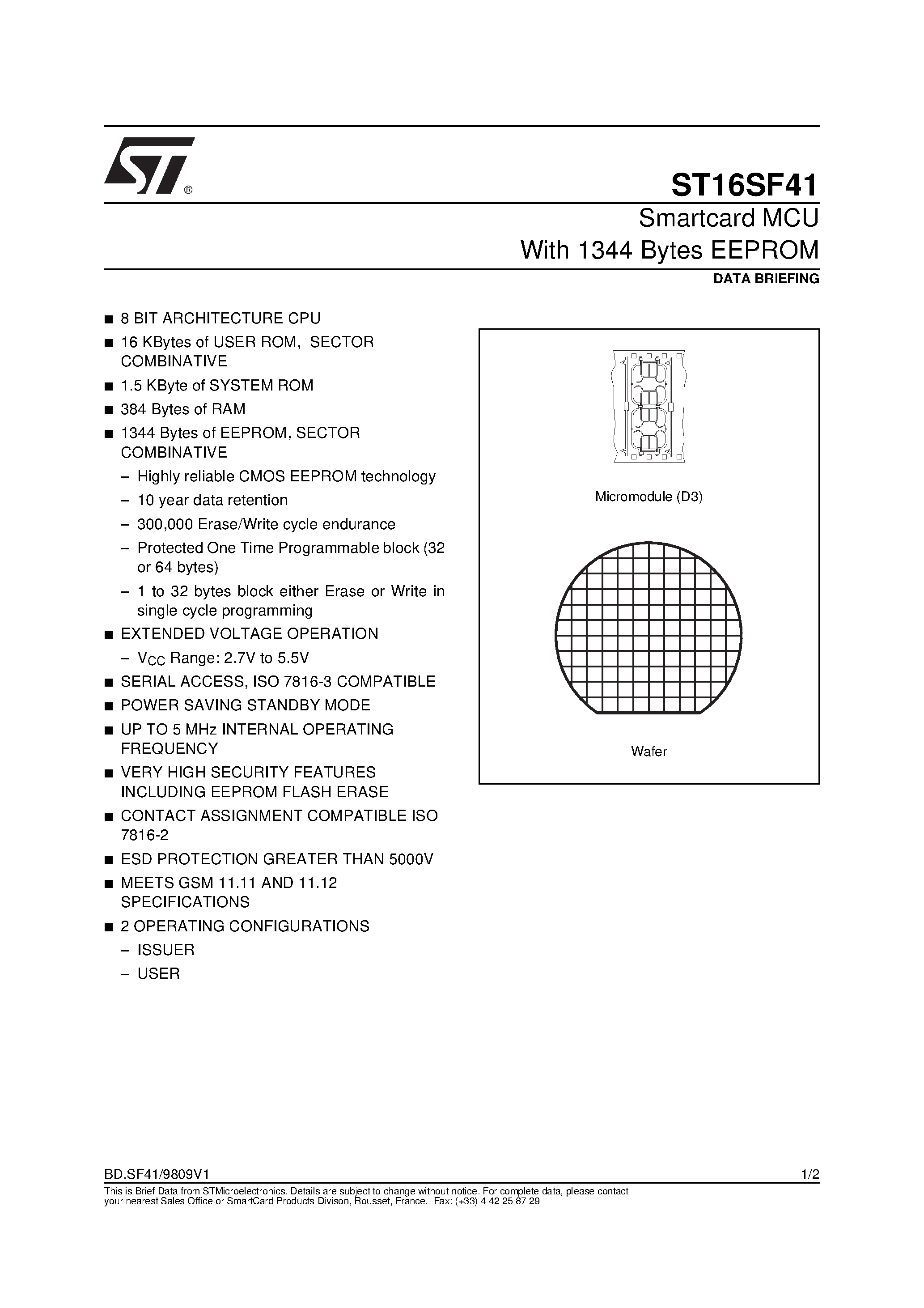 Datasheet ST16SF41 - Smartcard MCU With 1344 Bytes EEPROM page 1