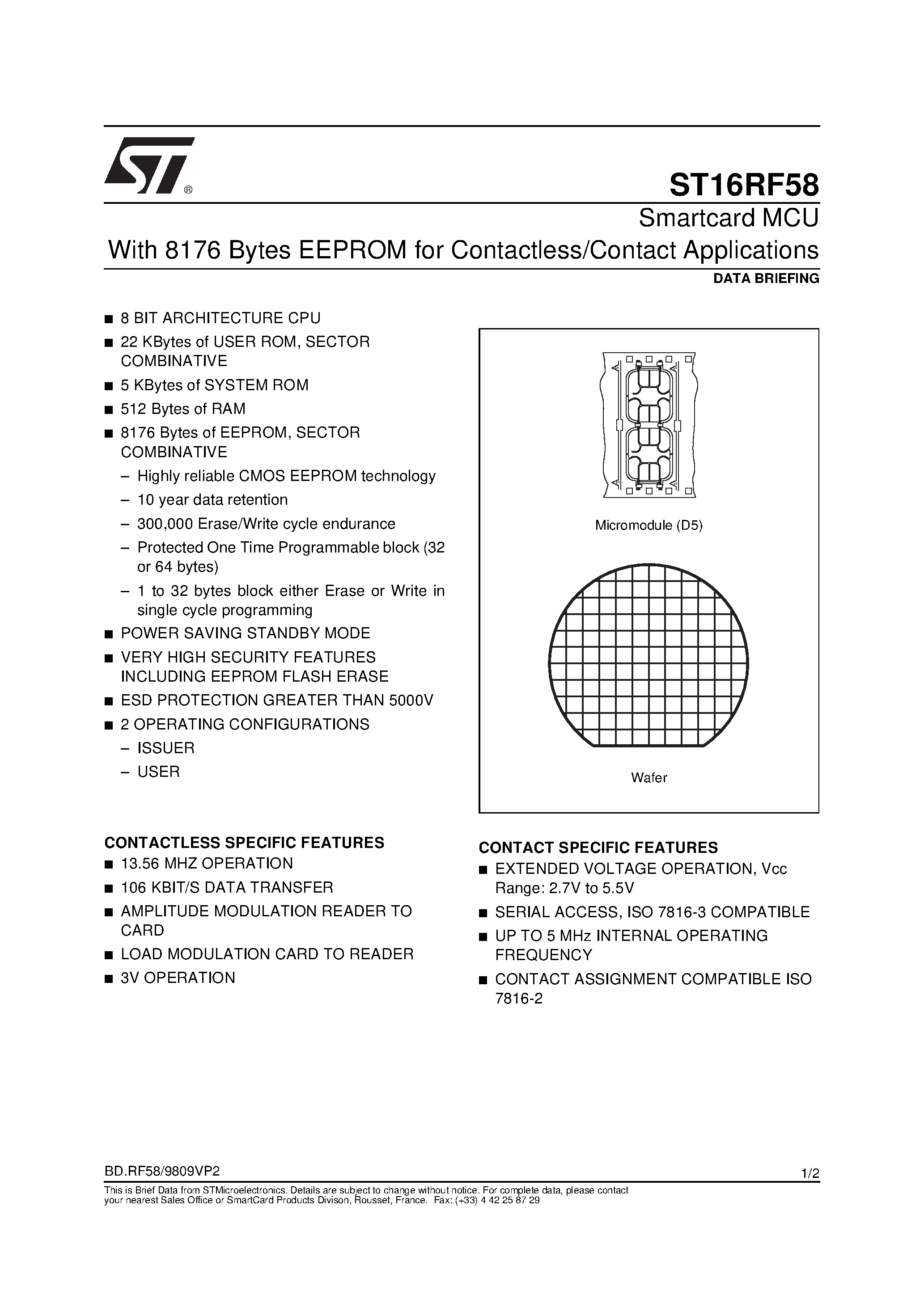 Datasheet ST16RF58 - Smartcard MCU With 8176 Bytes EEPROM for Contactless/Contact Applications page 1