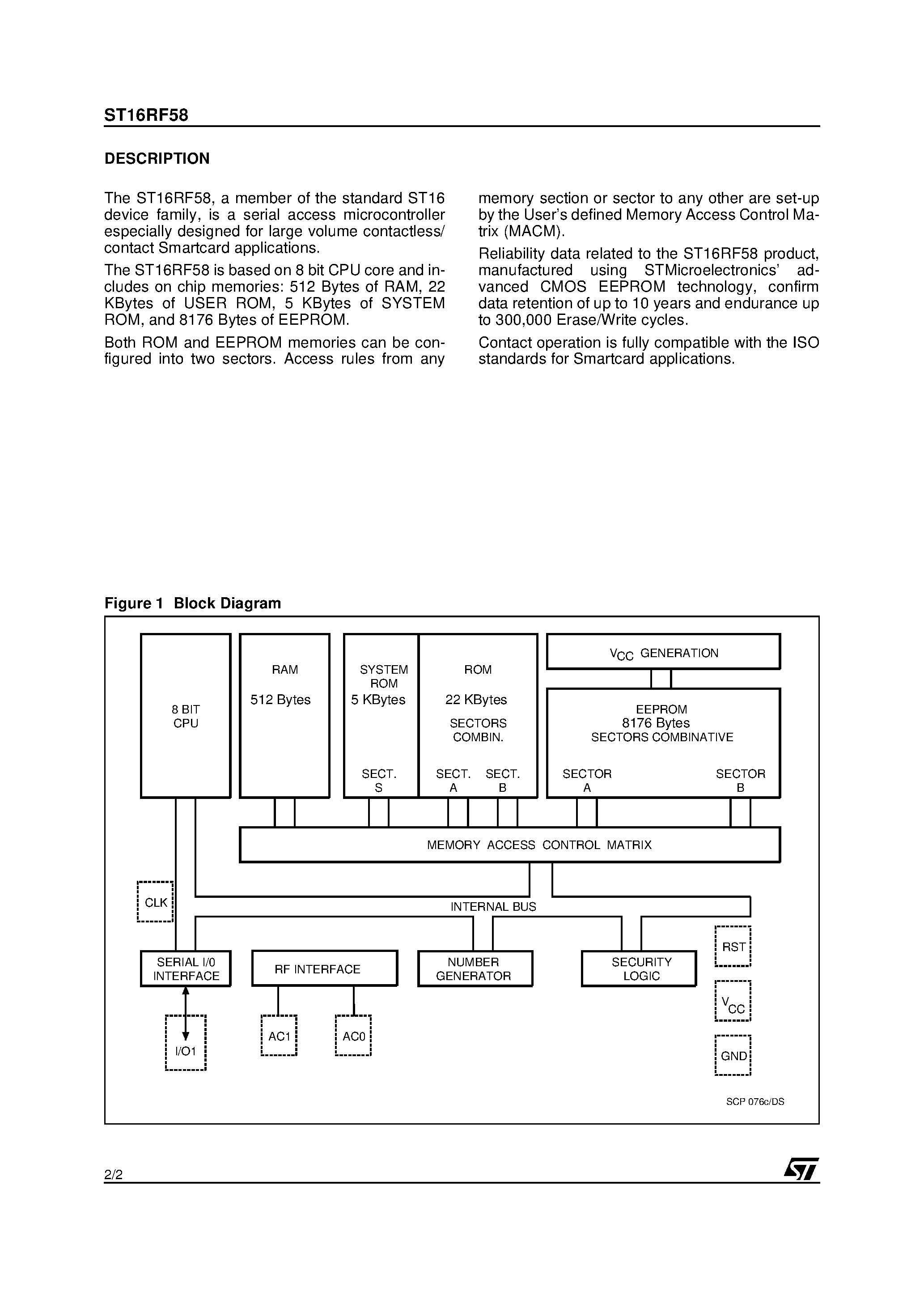 Datasheet ST16RF58 - Smartcard MCU With 8176 Bytes EEPROM for Contactless/Contact Applications page 2