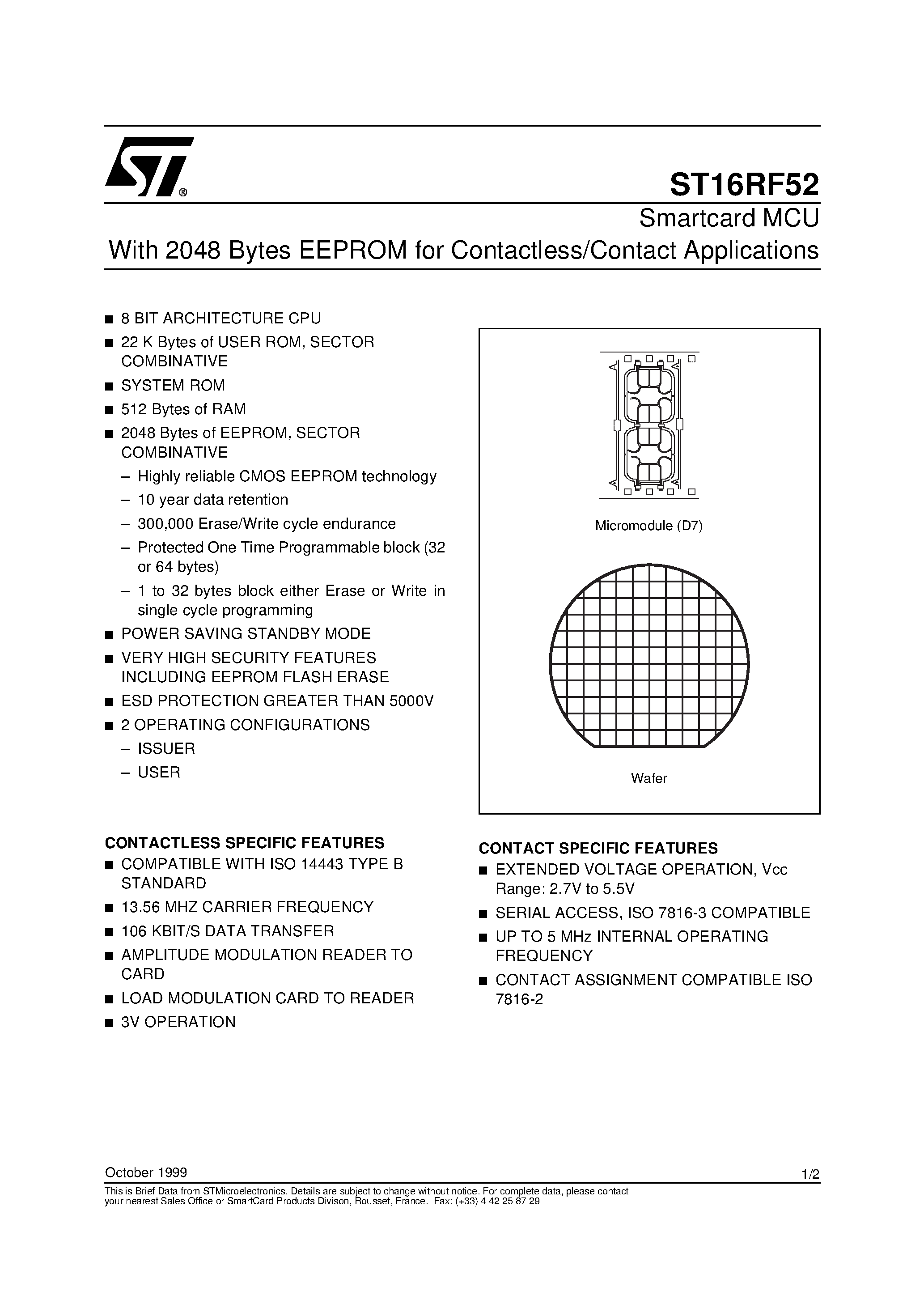 Datasheet ST16RF52 - Smartcard MCU With 2048 Bytes EEPROM for Contactless/Contact Applications page 1