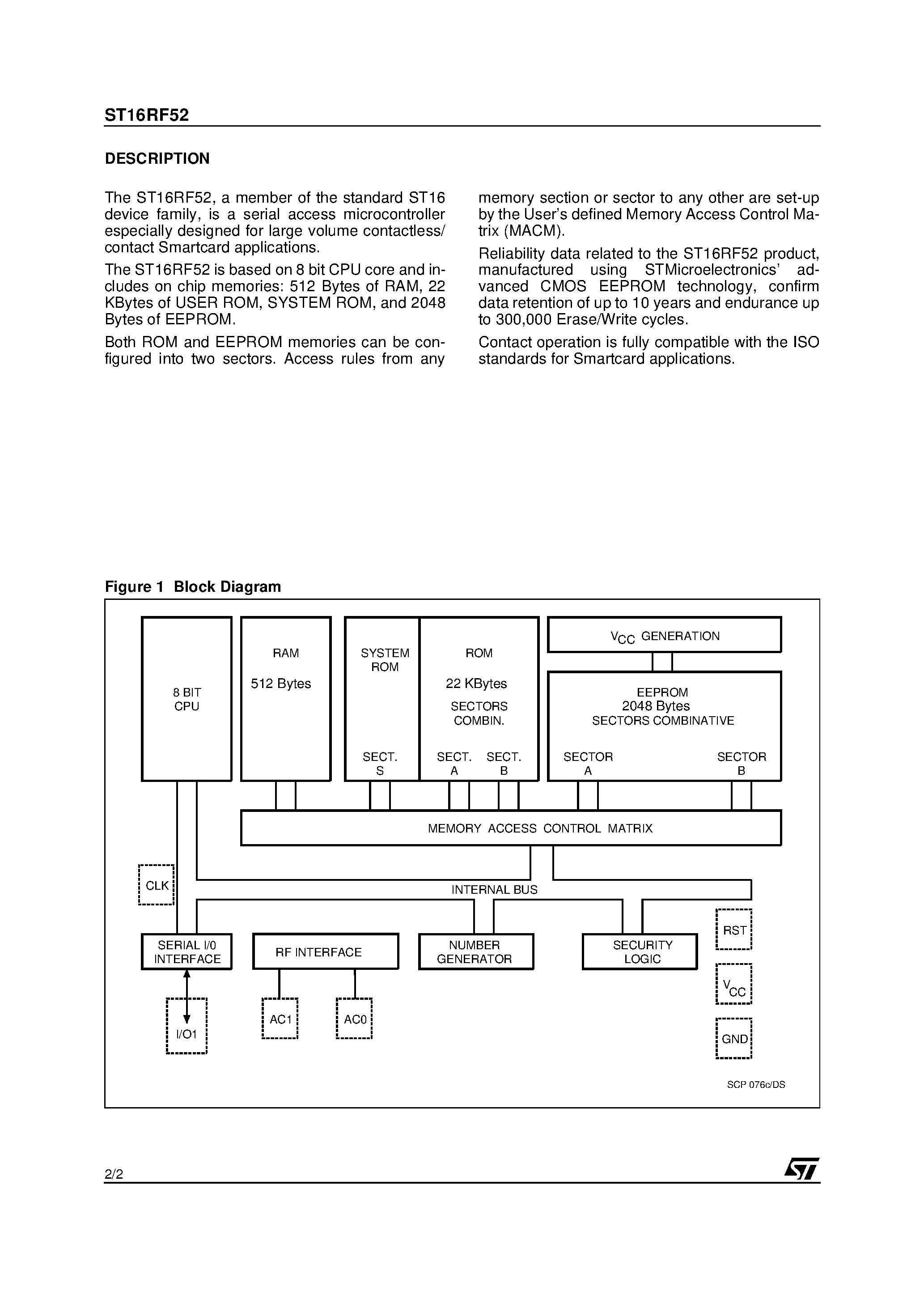 Datasheet ST16RF52 - Smartcard MCU With 2048 Bytes EEPROM for Contactless/Contact Applications page 2