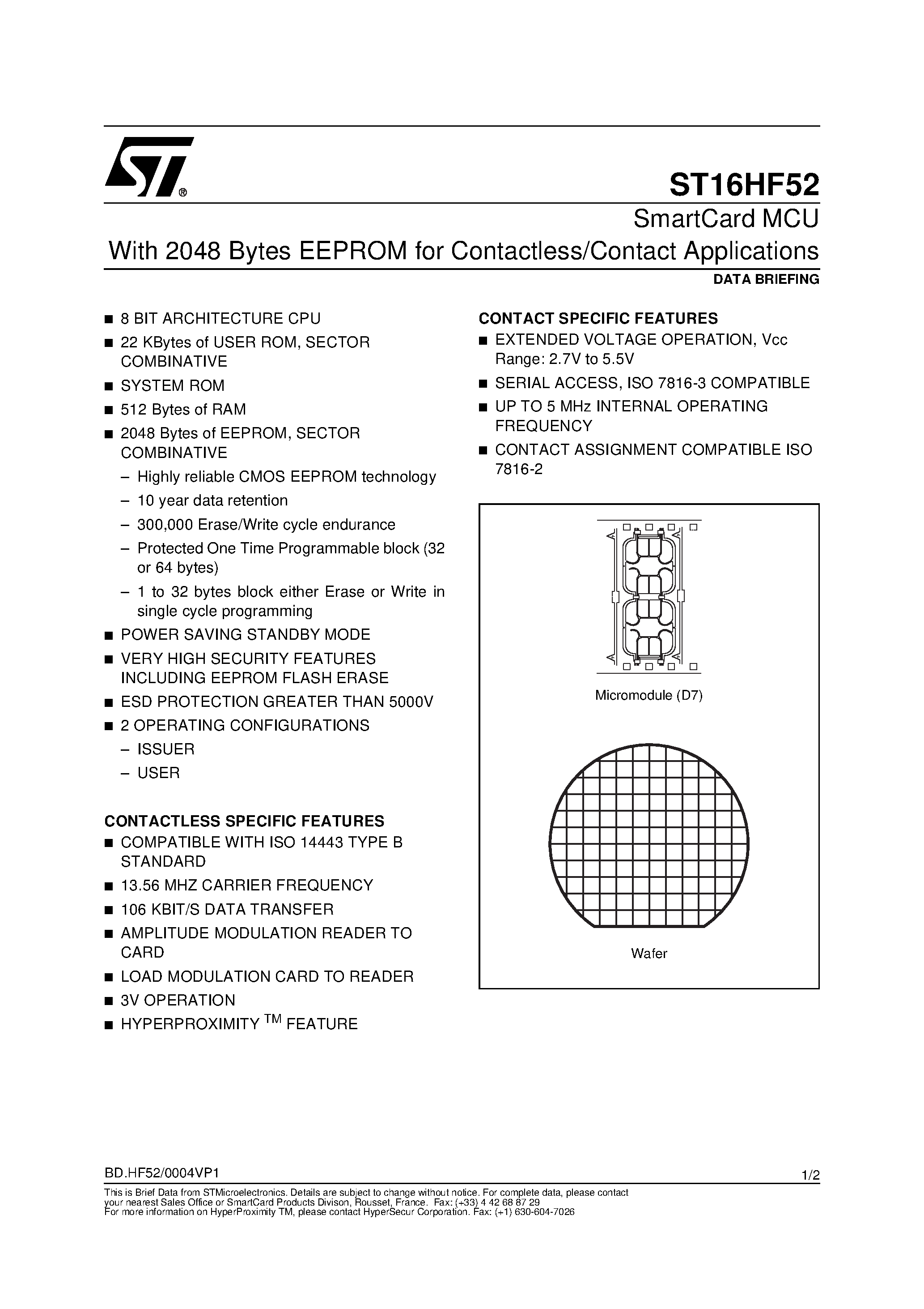 Datasheet ST16HF52 - SmartCard MCU With 2048 Bytes EEPROM for Contactless/Contact Applications page 1