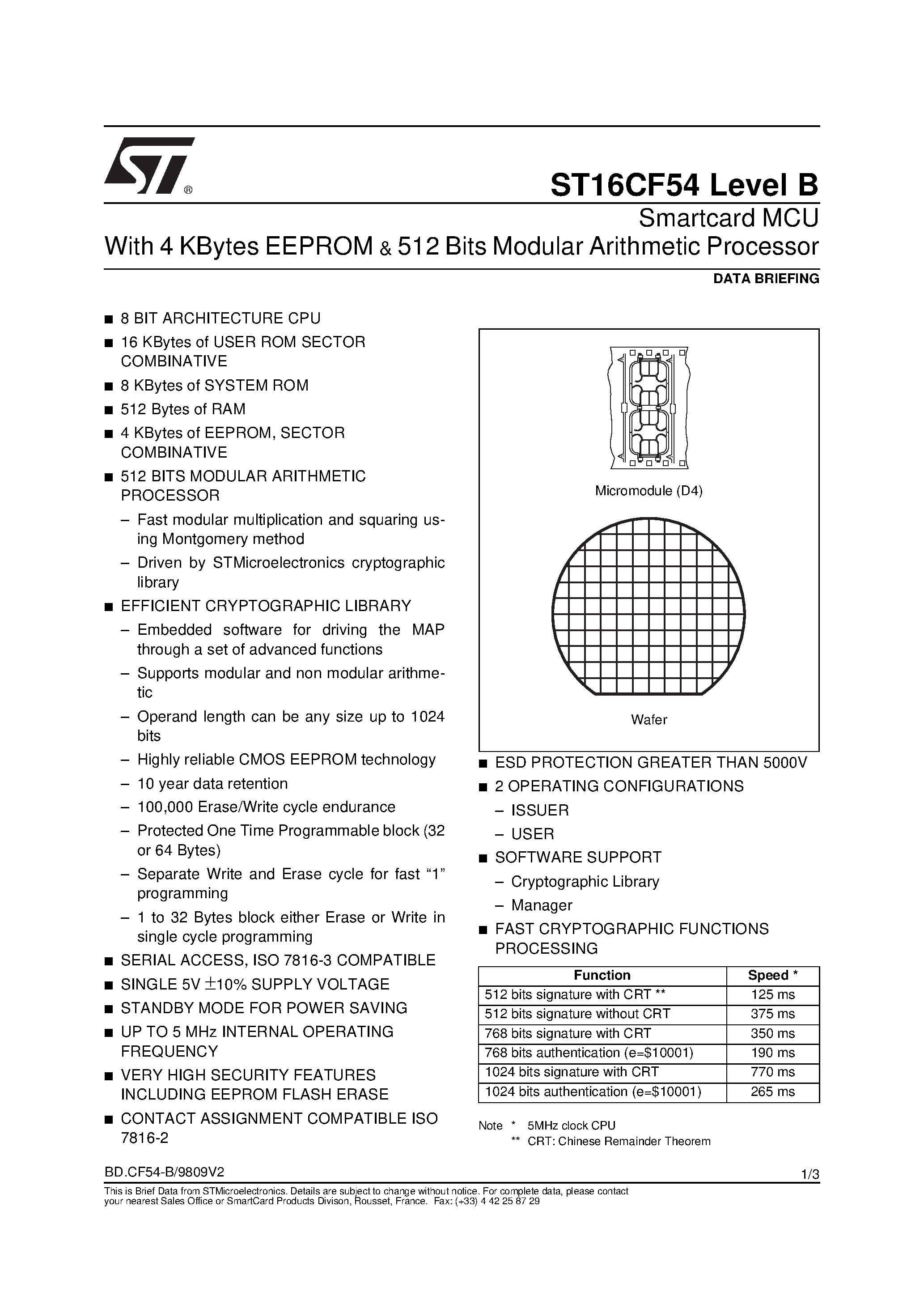 Datasheet ST16CF54 - Smartcard MCU With 4 KBytes EEPROM 512 Bits Modular Arithmetic Processor page 1