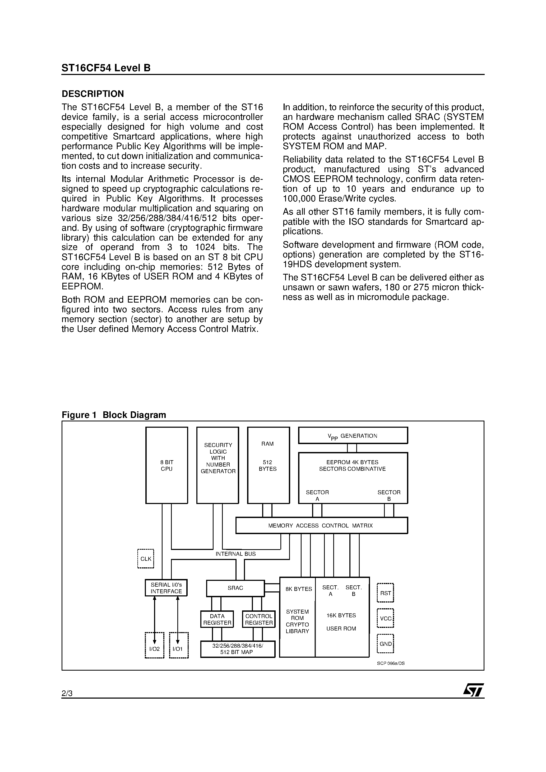 Datasheet ST16CF54 - Smartcard MCU With 4 KBytes EEPROM 512 Bits Modular Arithmetic Processor page 2