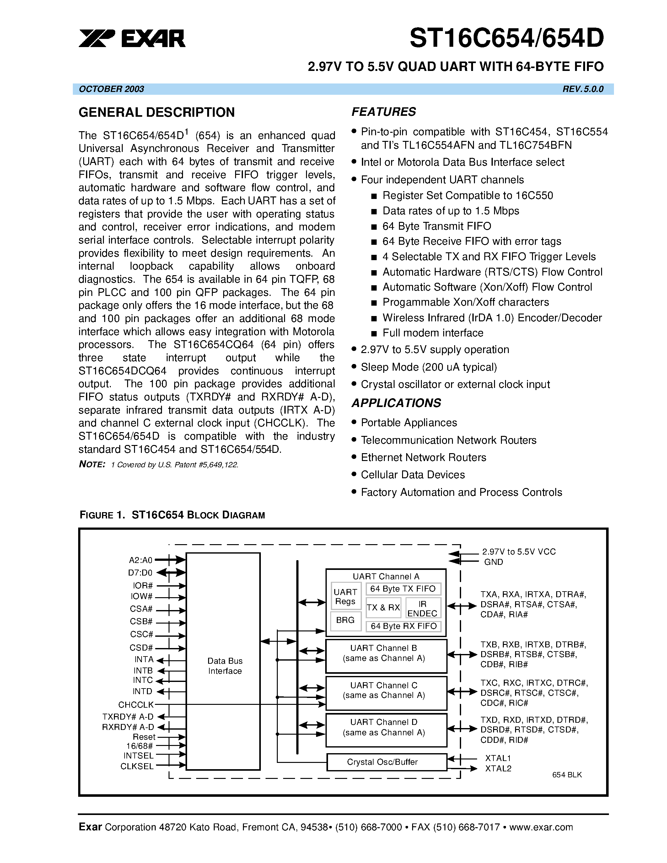 Даташит ST16C654 - 2.97V TO 5.5V QUAD UART WITH 64-BYTE FIFO страница 1