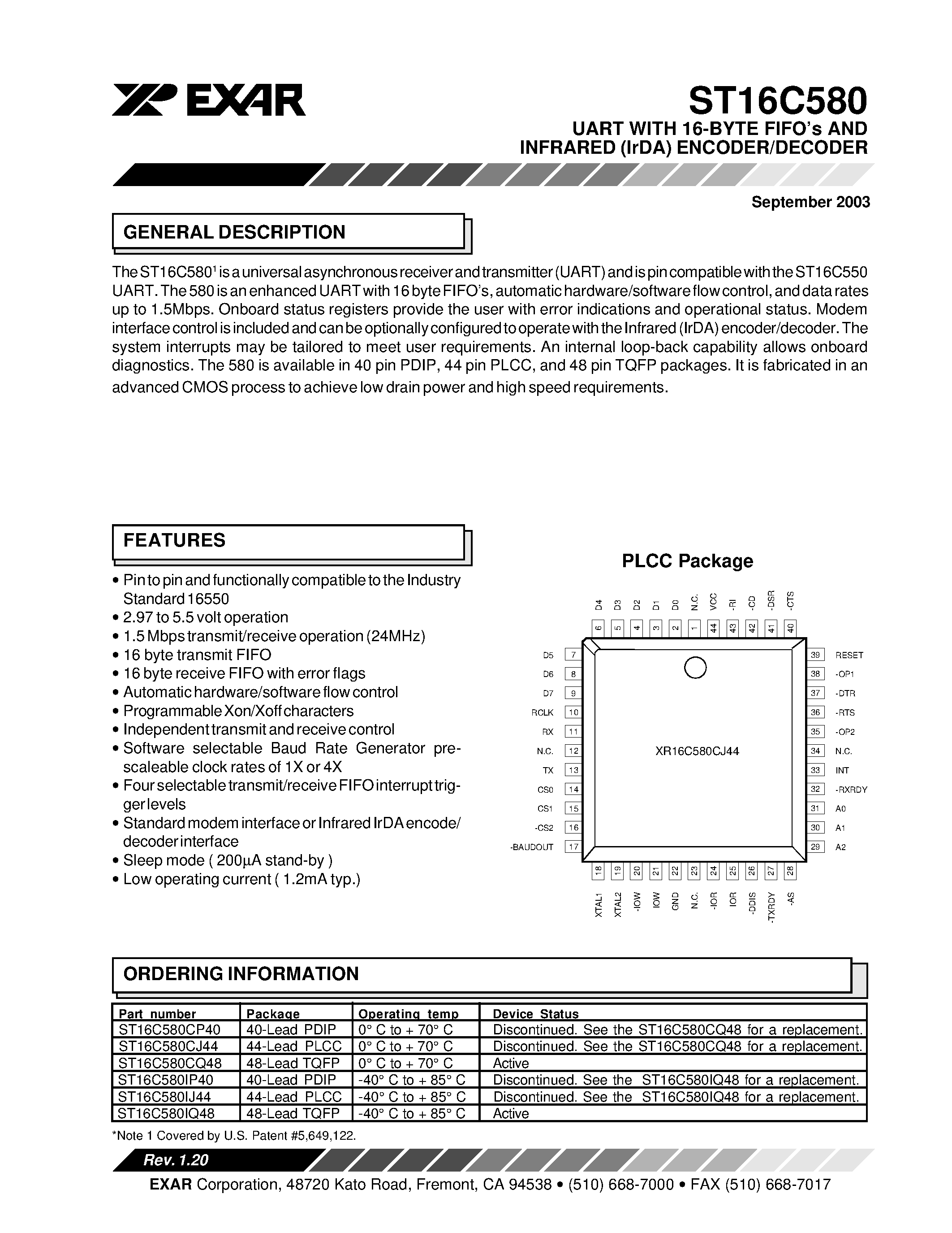 Datasheet ST16C580 - UART WITH 16-BYTE FIFO AND INFRARED (IrDA) ENCODER/DECODER page 1