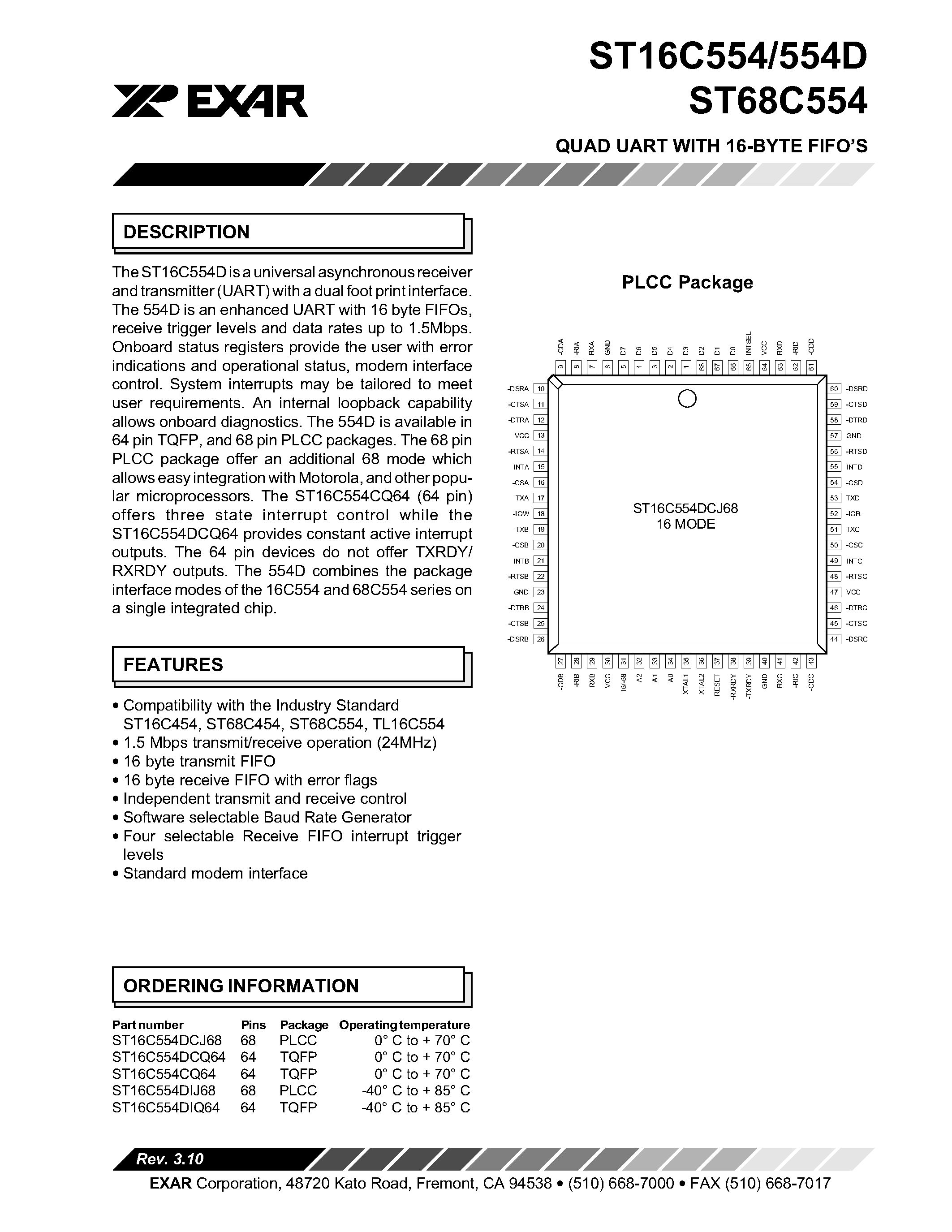 Даташит ST16C554 - QUAD UART WITH 16-BYTE FIFOS страница 1