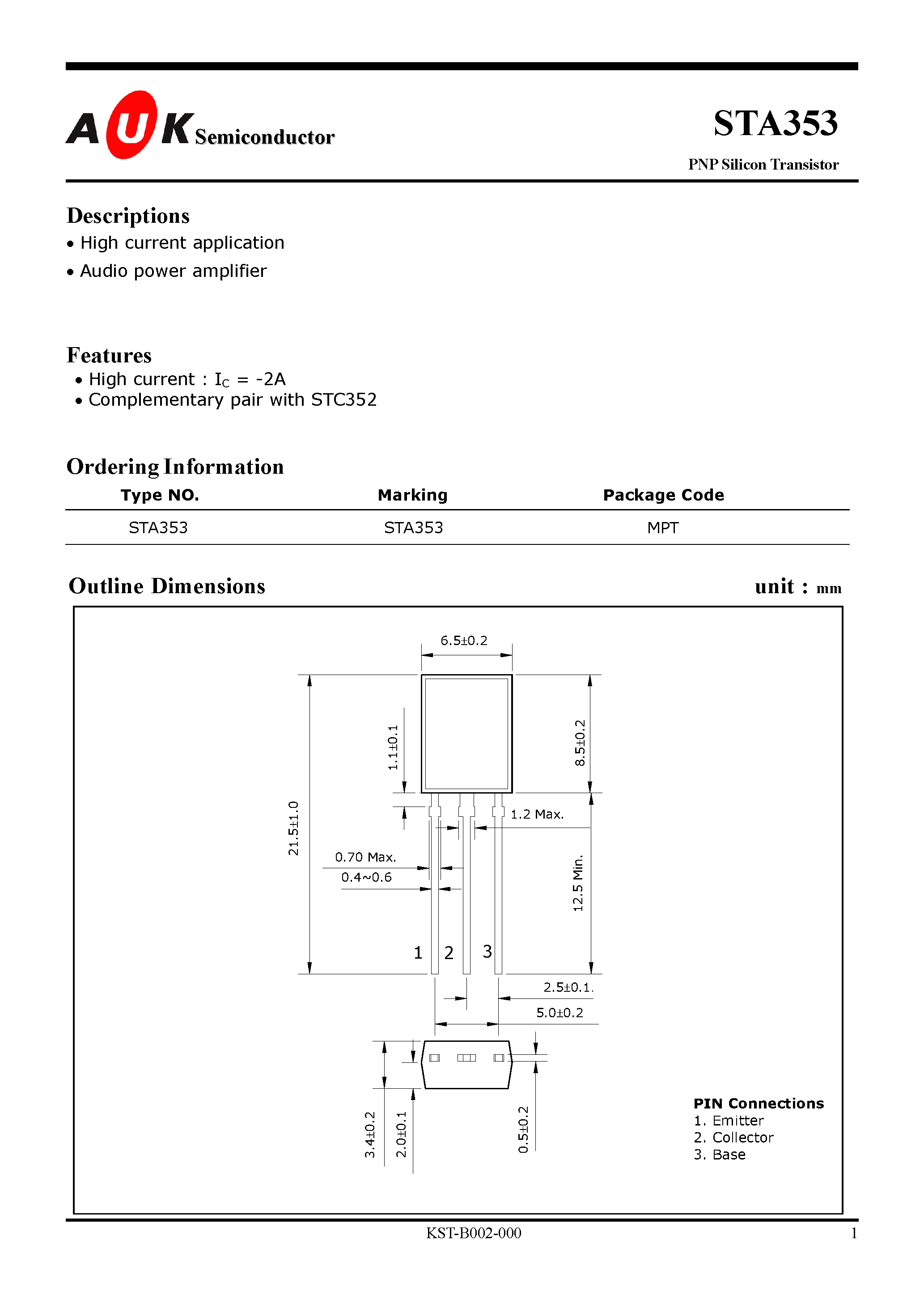 Даташит STA353 - PNP Silicon Transistor страница 1