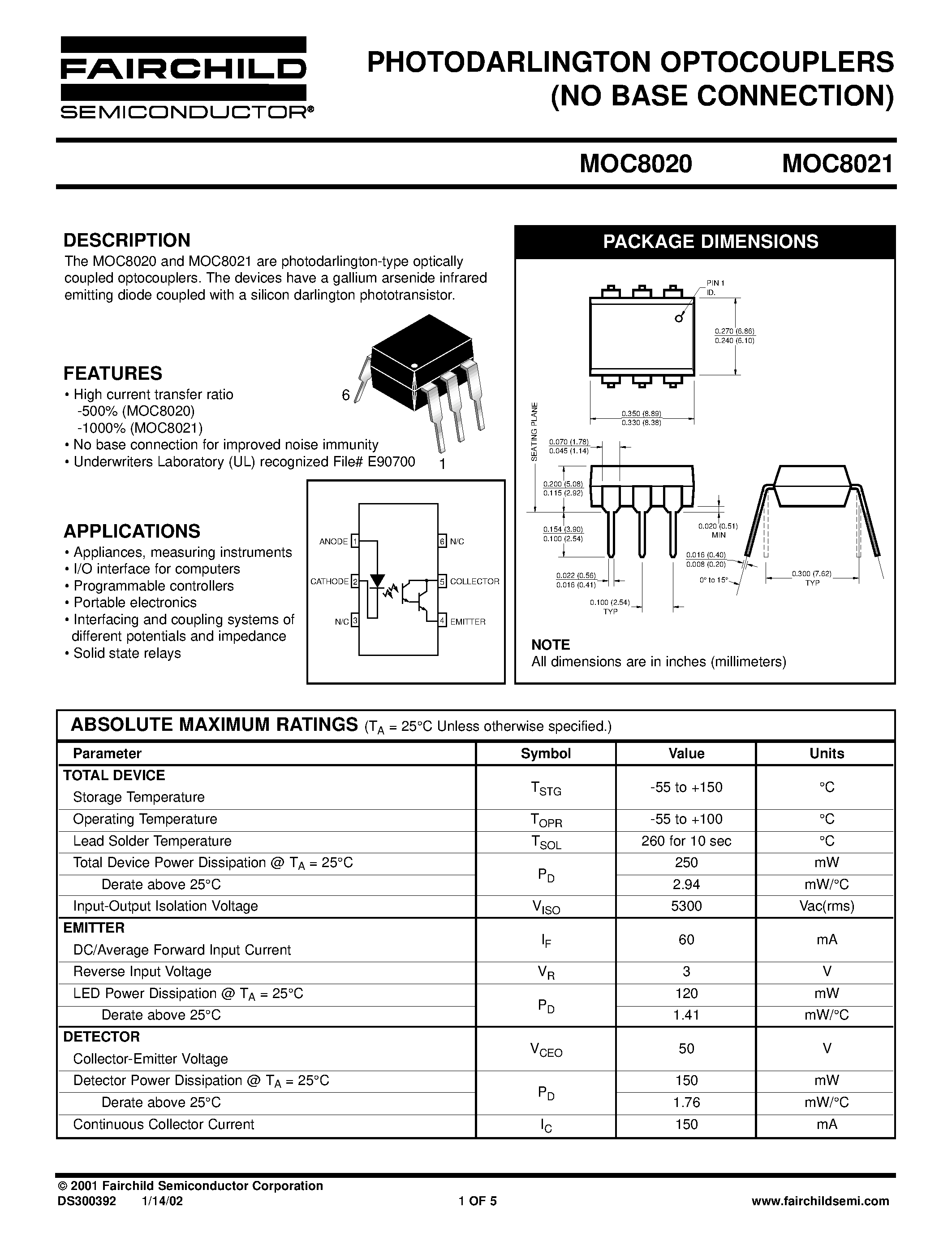 Даташит MOC8020 - (MOC8020 / MOC8021) PHOTODARLINGTON OPTOCOUPLERS (NO BASE CONNECTION) страница 1