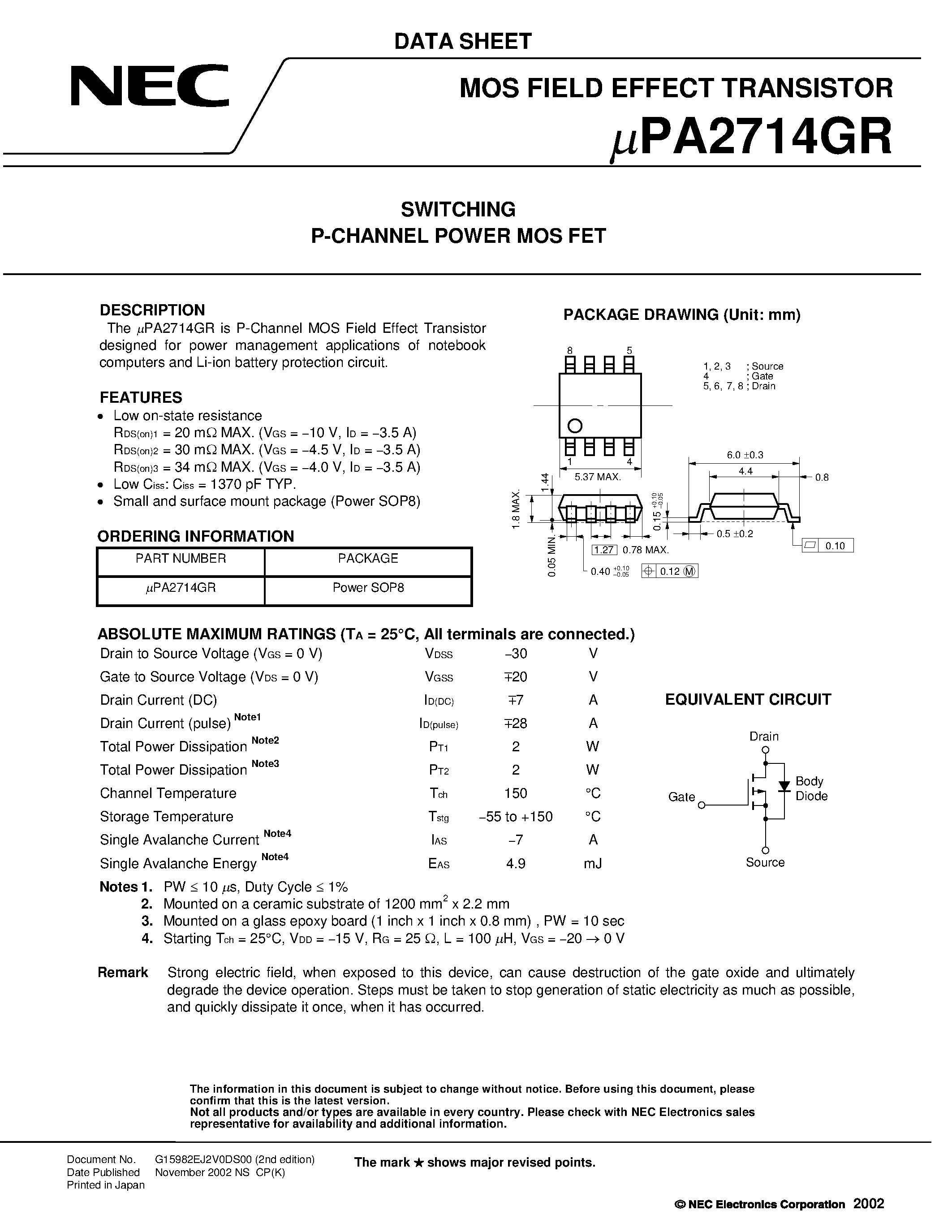 Даташит UPA2714GR - SWITCHING N- AND P-CHANNEL POWER MOS FET страница 1