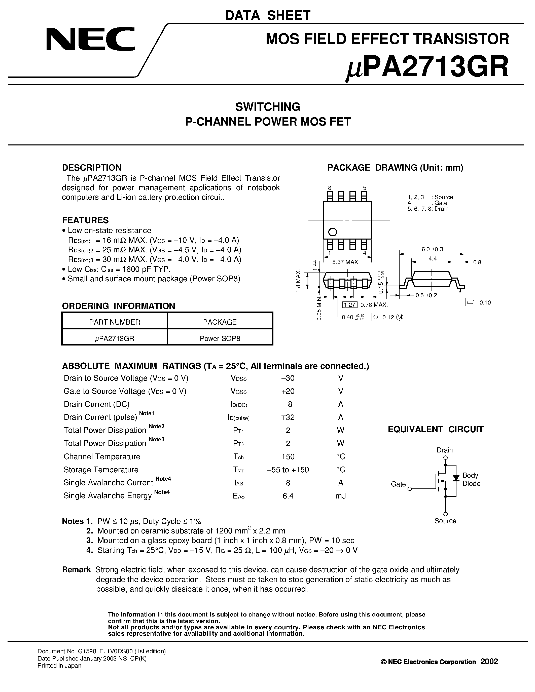 Даташит UPA2713GR - SWITCHING N- AND P-CHANNEL POWER MOS FET страница 1