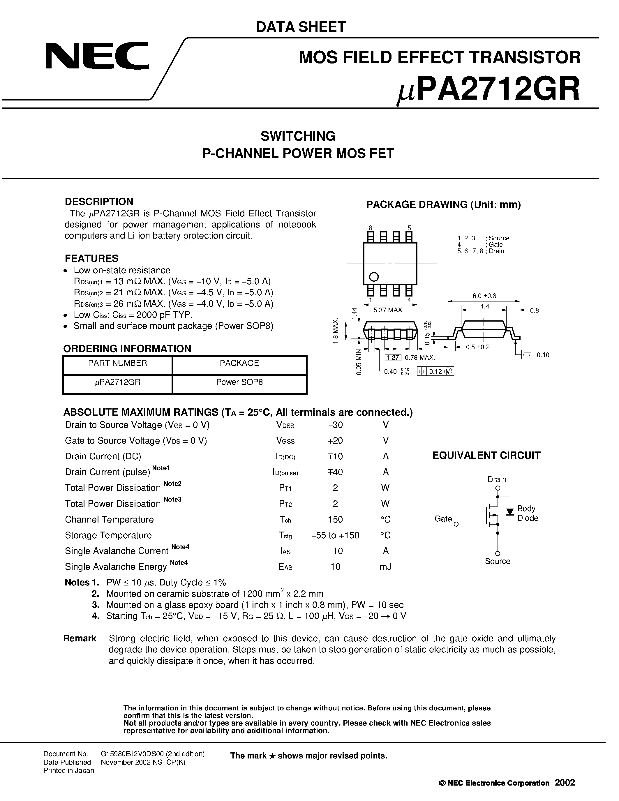 Даташит UPA2712GR - SWITCHING N- AND P-CHANNEL POWER MOS FET страница 1