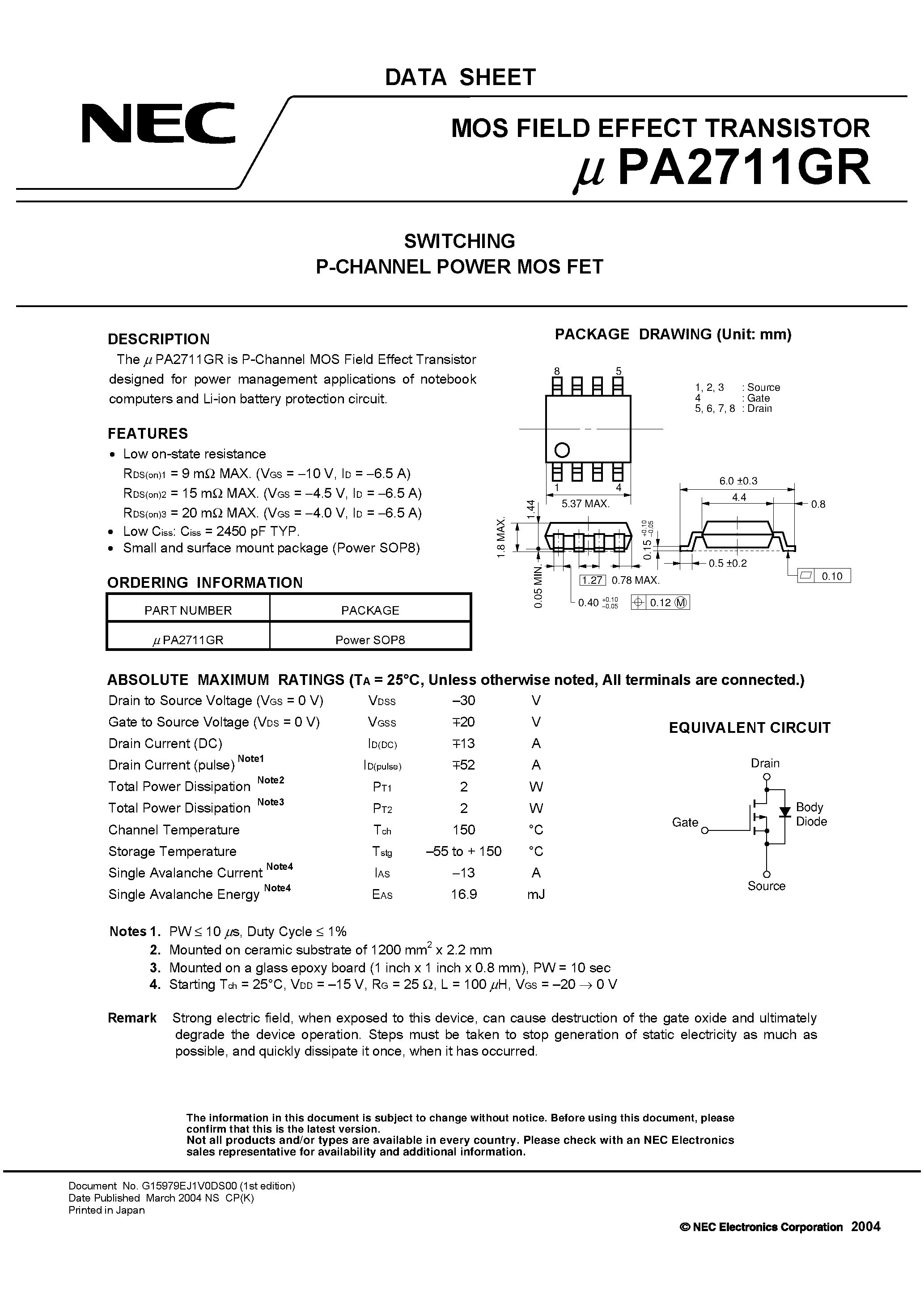 Даташит UPA2711GR - SWITCHING N- AND P-CHANNEL POWER MOS FET страница 1